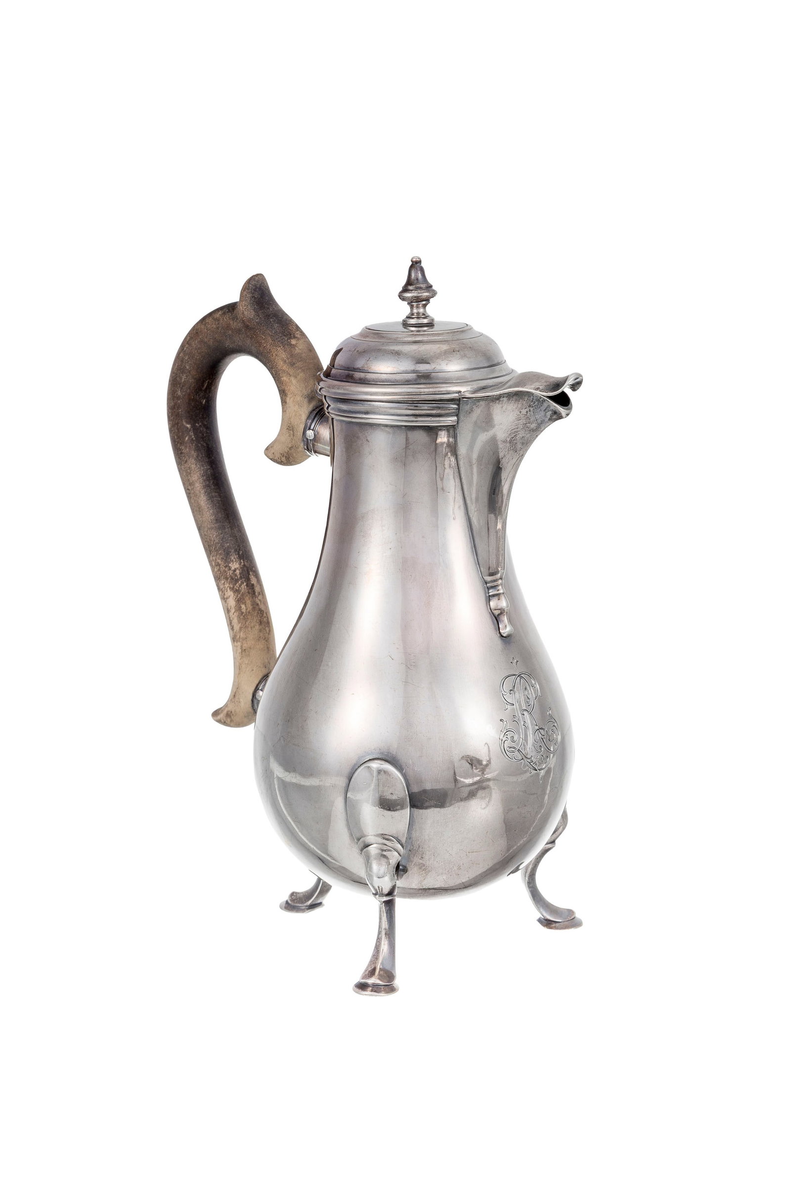 Cafetière piriforme tripode en argent, par Charles-Louis Rapillard, Lausanne, XVIIIe s., grav&# (1 of 2)
