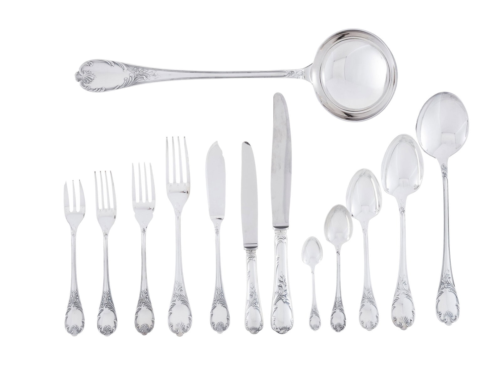Christofle. Ménagère en métal argenté, modèle Marly, comprenant 140 piè: Christofle. Ménagère en métal argenté, modèle Marly, comprenant 140 pièces: 12 fourchettes, 12 couteaux et 12 cuillers de table, 12 fourchettes, 12 couteaux et 12