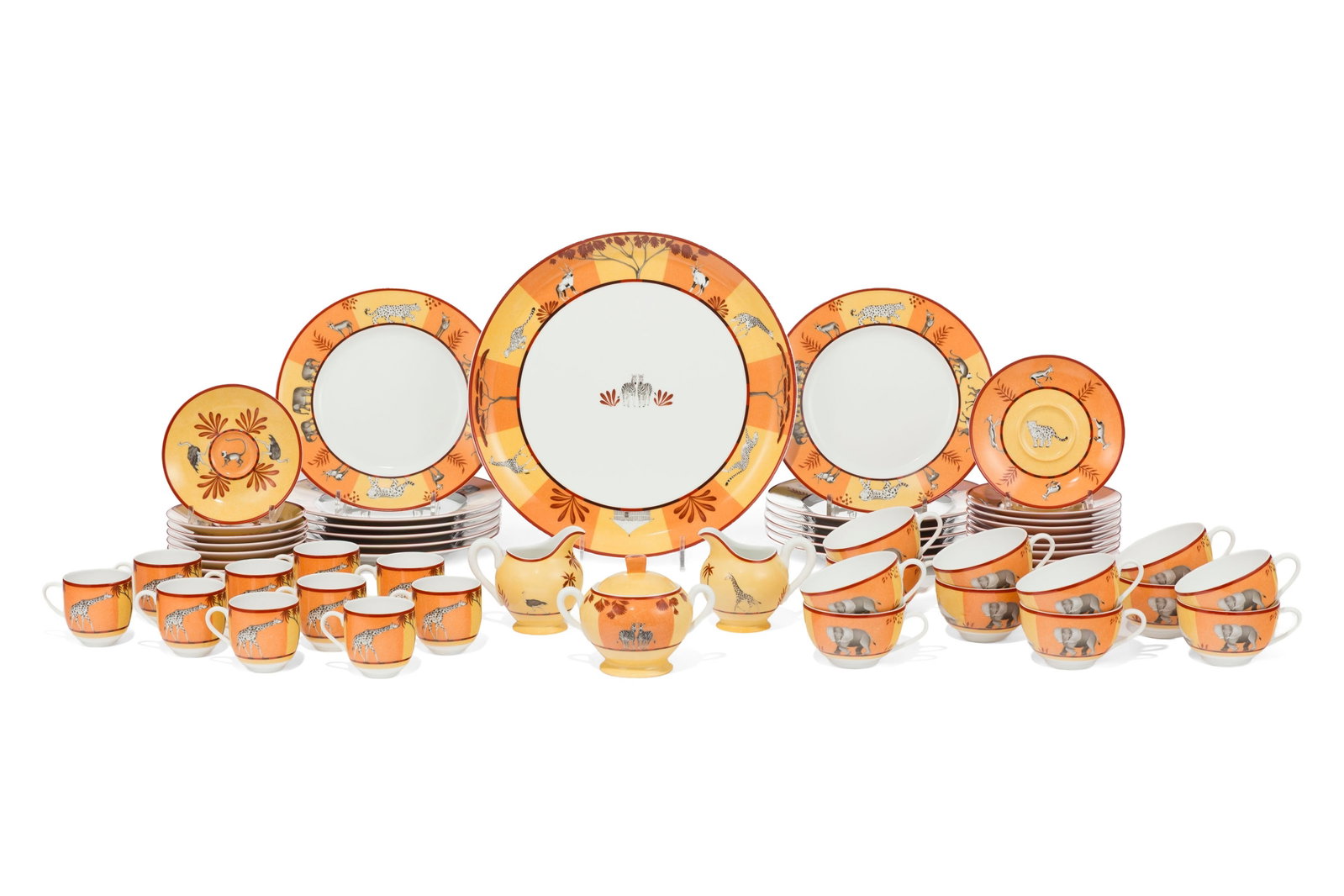 HERMÈS. Service à dessert en porcelaine, Paris, XXe s., modèle Africa, comprenant 36 : HERMÈS. Service à dessert en porcelaine, Paris, XXe s., modèle Africa, comprenant 36 pièces: 12 assiettes, 1 plat à gateau, 1 sucrier, 2 crémiers, 11 tasses à th