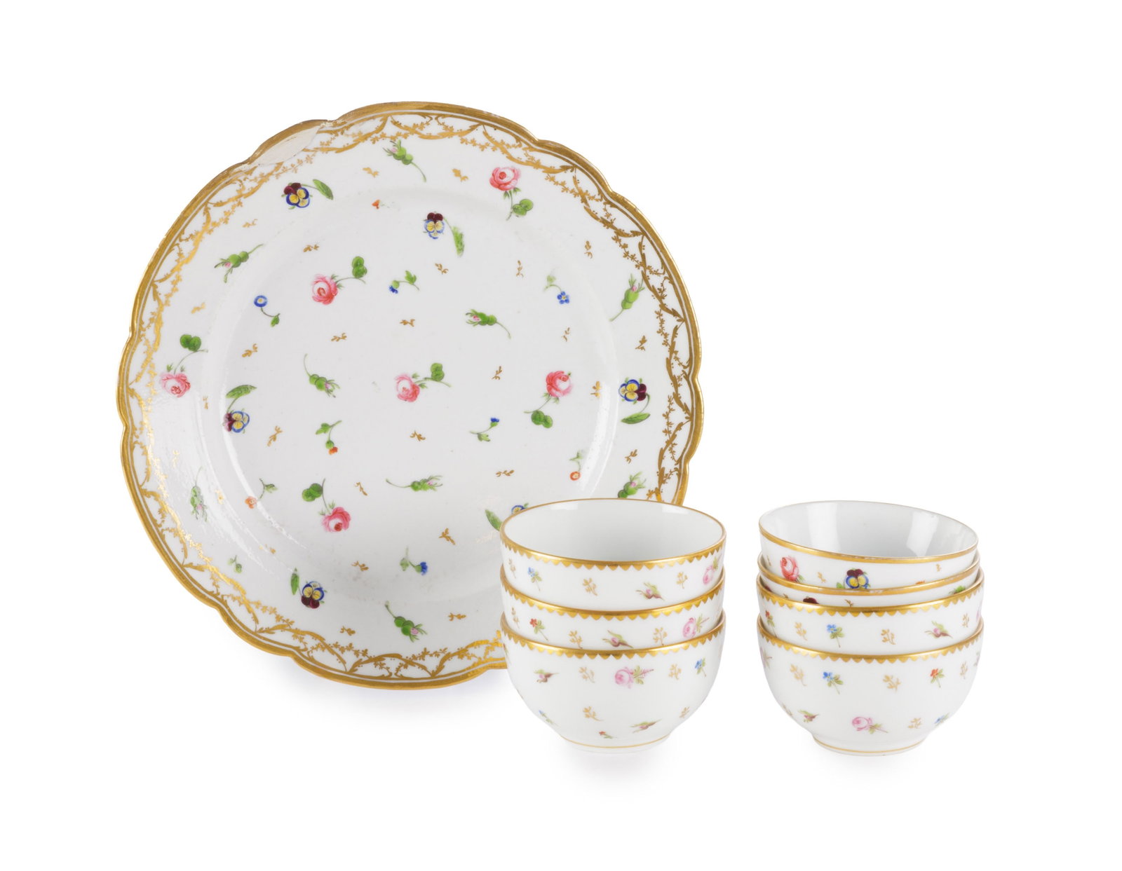Nyon. Ensemble de 7 bols à thé et soucoupes et assiette en porcelaine, période Dortu  - 2
