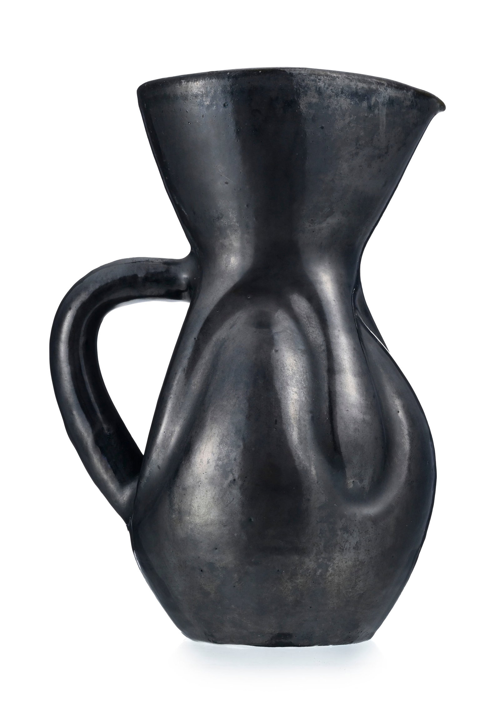 Grand pichet en céramique noire et verte à l'intérieur, signé Vieux Biot, h. 28, (1 of 5)