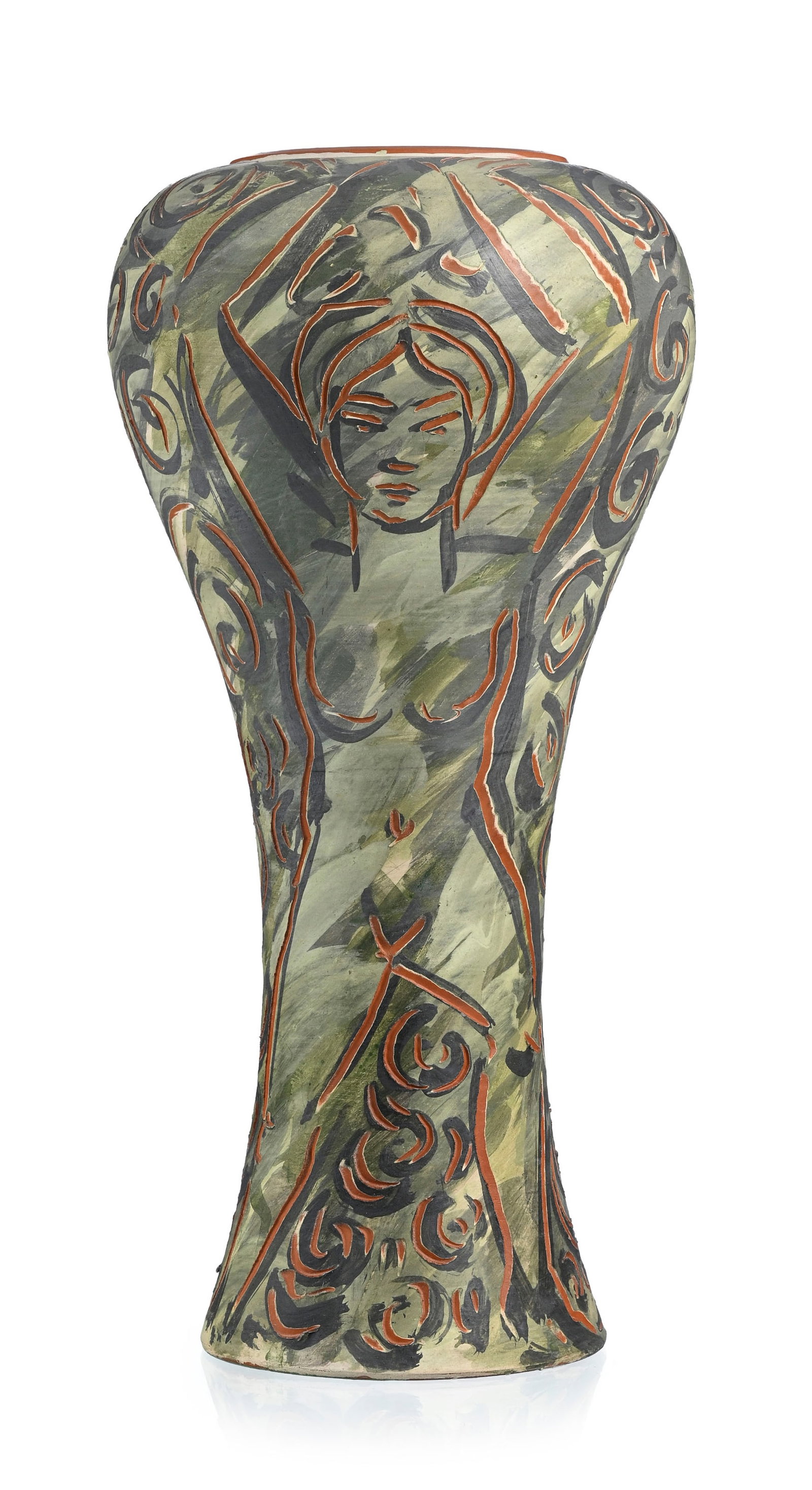 Vase en terre cuite peinte, par Patrick Bocca Rossa et Marc Piano, Vallauris, XXe s., à dé: Vase en terre cuite peinte, par Patrick Bocca Rossa et Marc Piano, Vallauris, XXe s., à décor incisé représentant une femme sur fond géométrique, signé en bas du vas