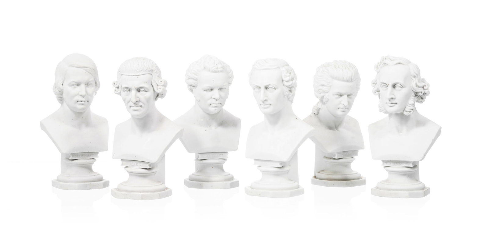 Suite de 6 bustes de musiciens compositeurs en biscuit, XXe s.: Mendelsohn, Haydn, Mozart, Schubert, (1 of 3)
