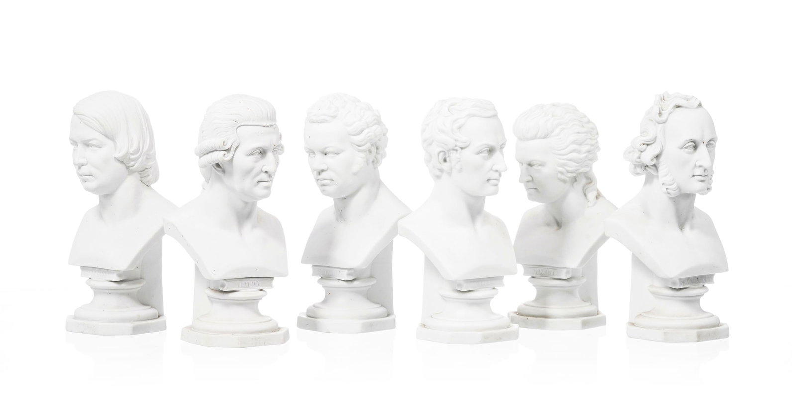 Suite de 6 bustes de musiciens compositeurs en biscuit, XXe s.: Mendelsohn, Haydn, Mozart, Schubert, - 2