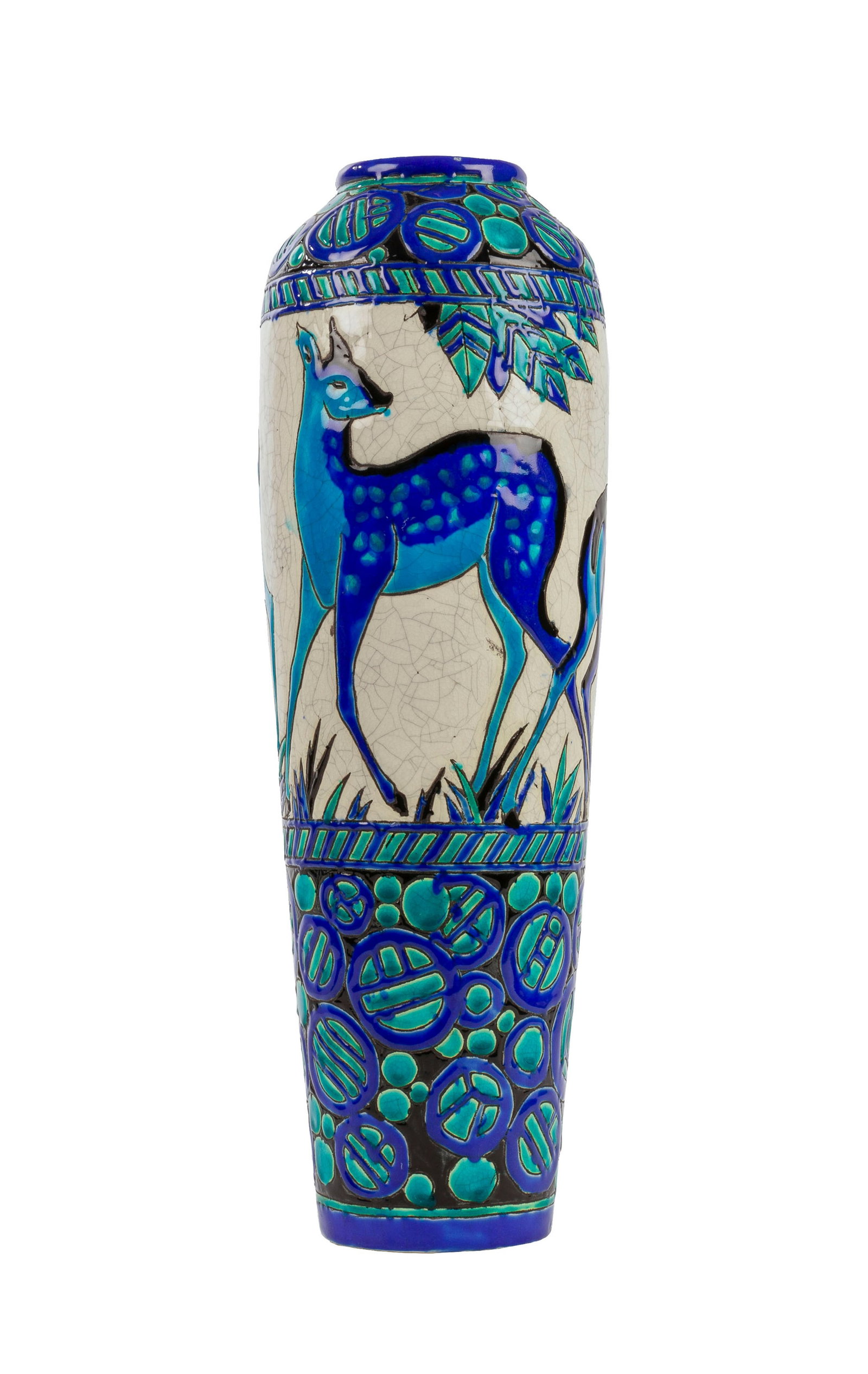 Charles Catteau (1880-1966) pour Keramis Boch Frères, Vase en faïence craquelée é: Charles Catteau (1880-1966) pour Keramis Boch Frères, Vase en faïence craquelée émaillée à décor de faons bleus et motifs verts, h. 47 cm