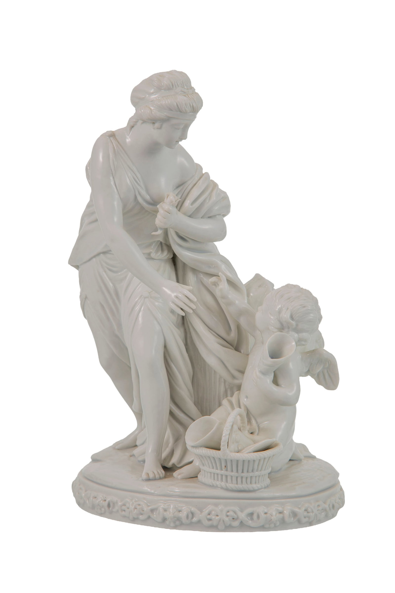 Capodimonte. Groupe en porcelaine blanche, XXe s., figurant une femme et un putto, marque en bleu du: Capodimonte. Groupe en porcelaine blanche, XXe s., figurant une femme et un putto, marque en bleu du N couronné sous la base, h. 24 cm
