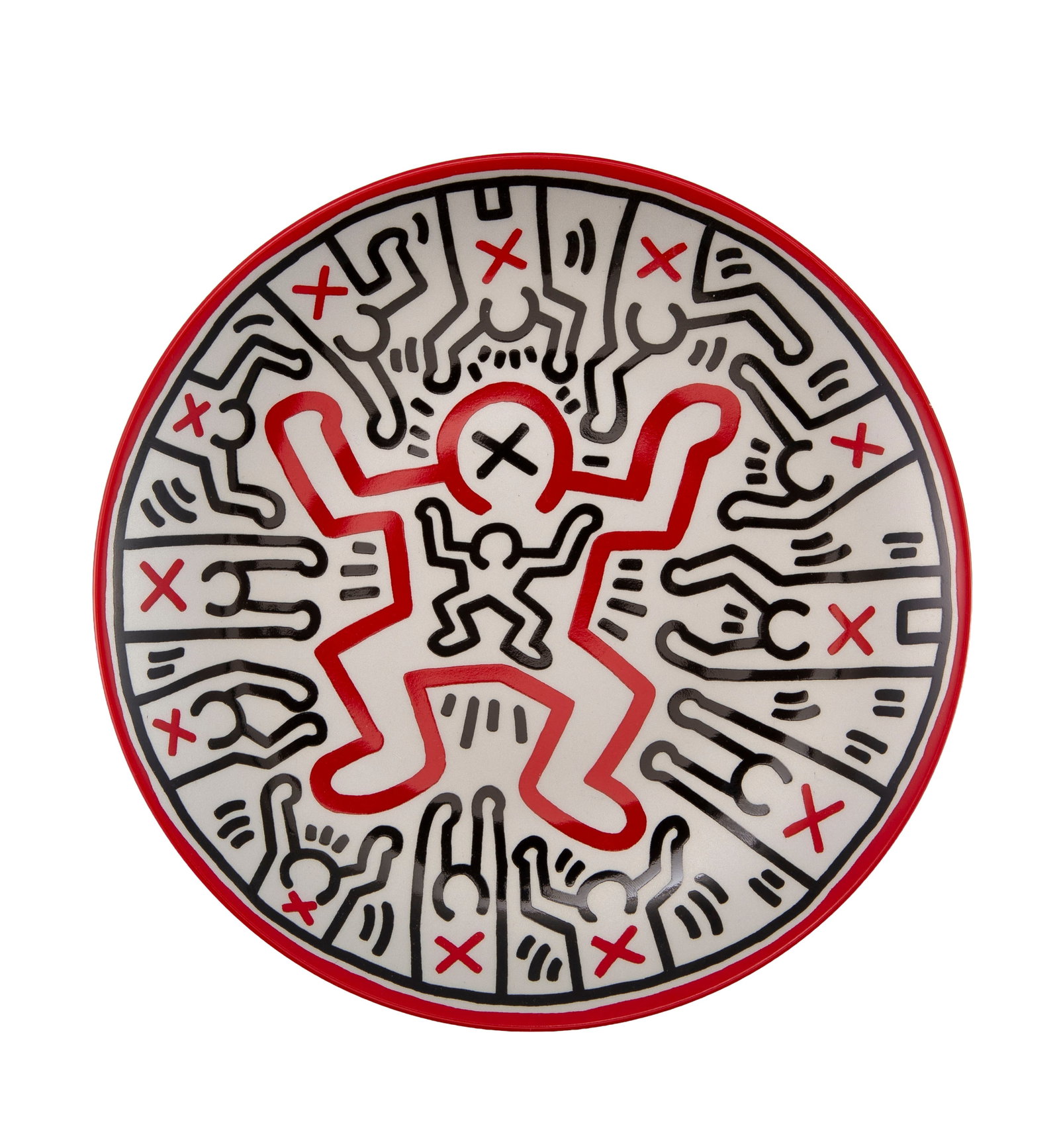 Assiette en porcelaine de Limoges, Éditeur Ligne Blanche à Paris, à décor d'apr&: Assiette en porcelaine de Limoges, Éditeur Ligne Blanche à Paris, à décor d'après Keith Haring Untitled, diam. 21,5 cm