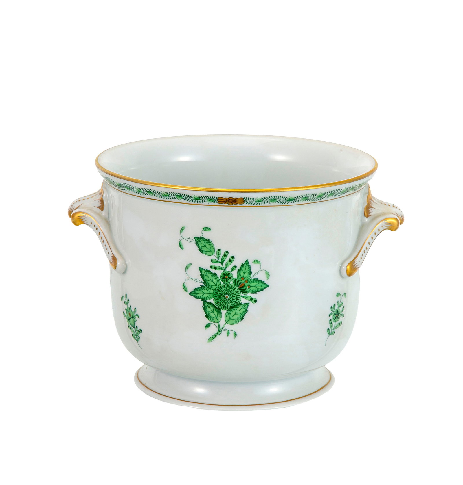 Herend. Cache-pot en porcelaine, XXe s., modèle Apponyi vert, h. 16,5 cm, diam. 19,5 cm: Herend. Cache-pot en porcelaine, XXe s., modèle Apponyi vert, h. 16,5 cm, diam. 19,5 cm