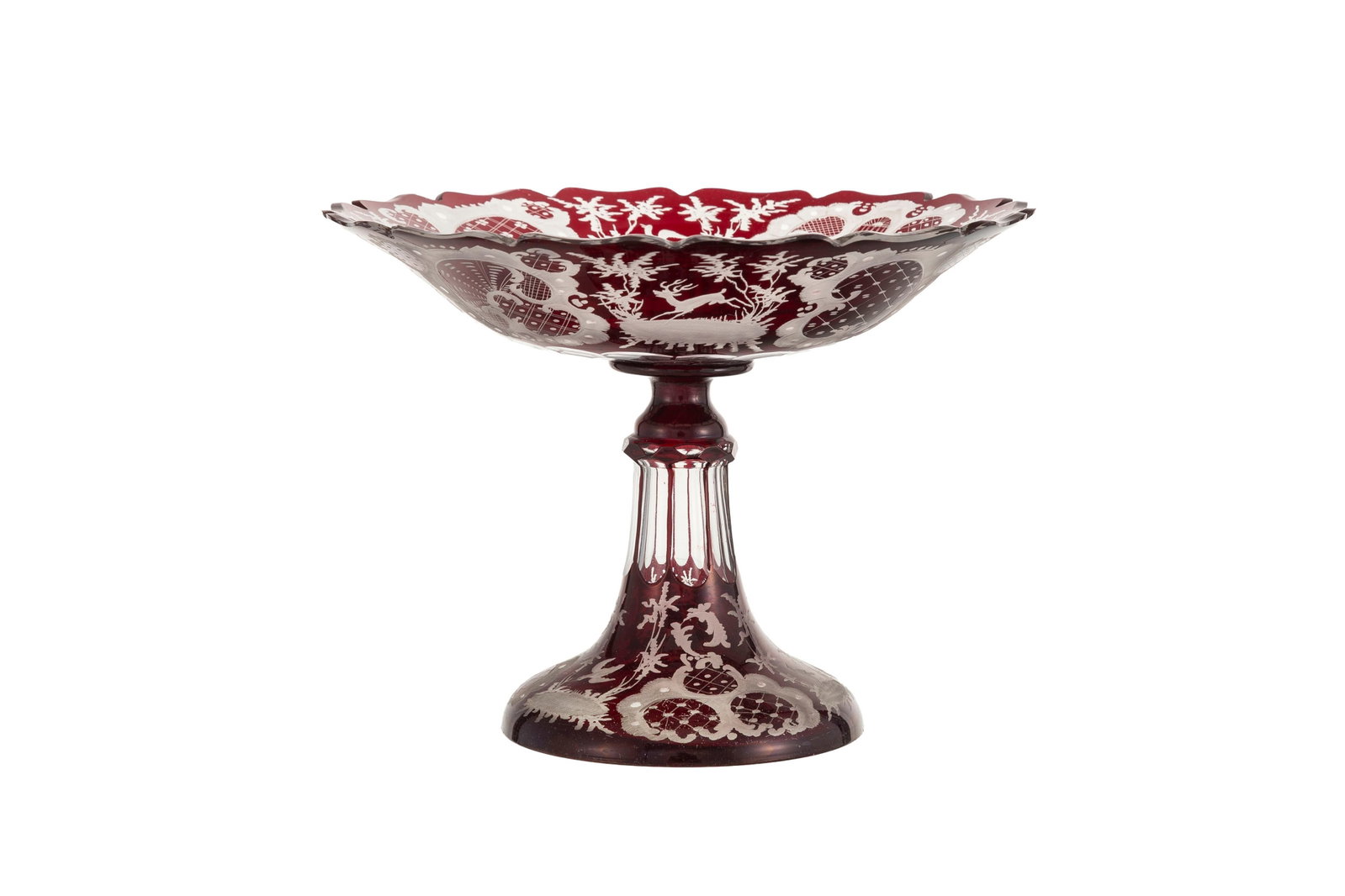 Coupe sur piédouche en cristal rouge de Bohême, fin XIXe s., à décor cynég&: Coupe sur piédouche en cristal rouge de Bohême, fin XIXe s., à décor cynégétique et treillage, h. 20 cm, diam. 26 cm Condition éclat à la bordure