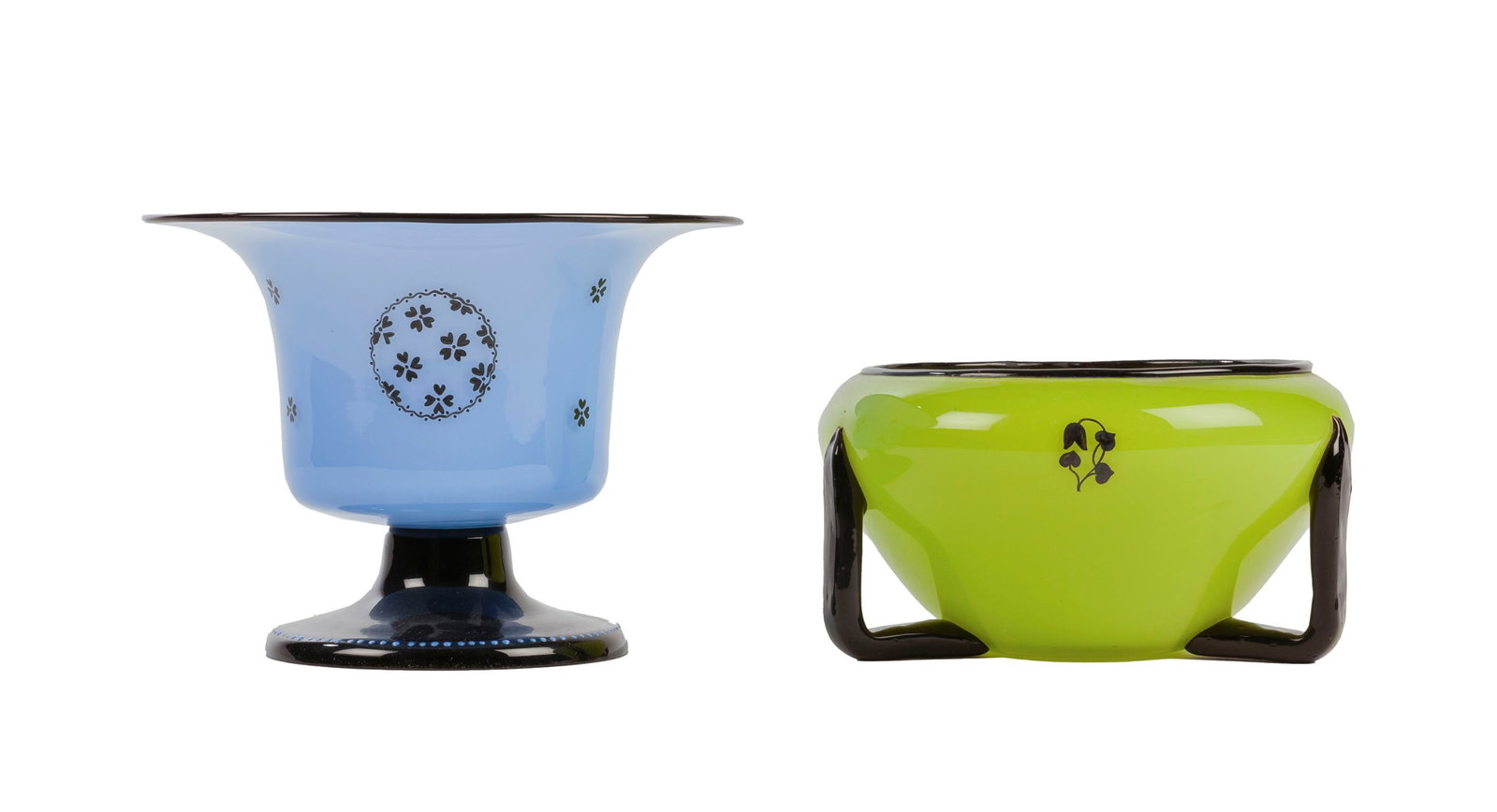 LOETZ. Ensemble d1 1 vase et 1 coupe en verre Tango bleu, vert et noir, à décor noir de fl (1 of 3)