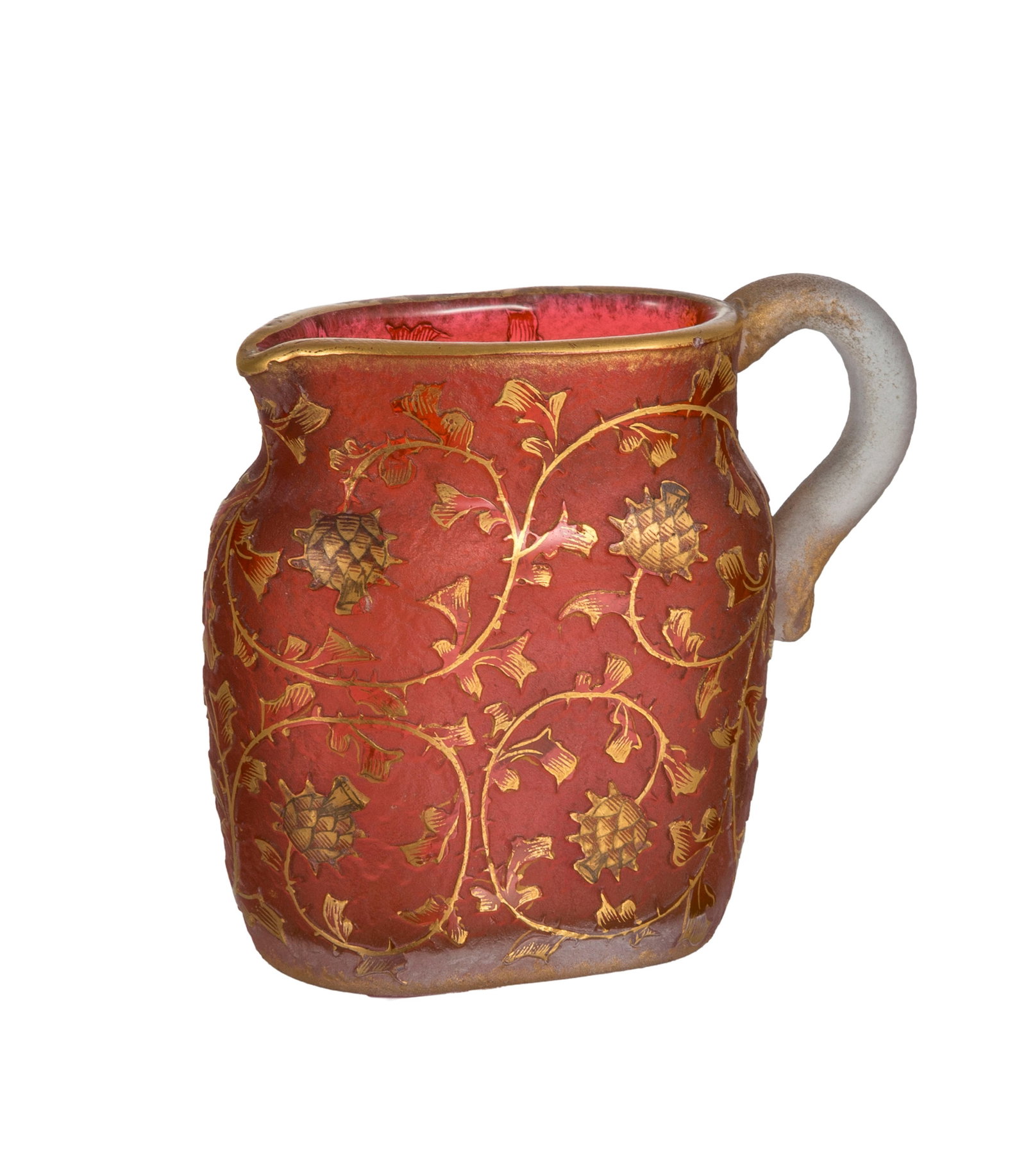 Daum Nancy. Petit pichet en verre multicouche, à décor deégagé à l'acide de: Daum Nancy. Petit pichet en verre multicouche, à décor deégagé à l'acide de chardons or sur fond givré rose, h. 6,8 cm