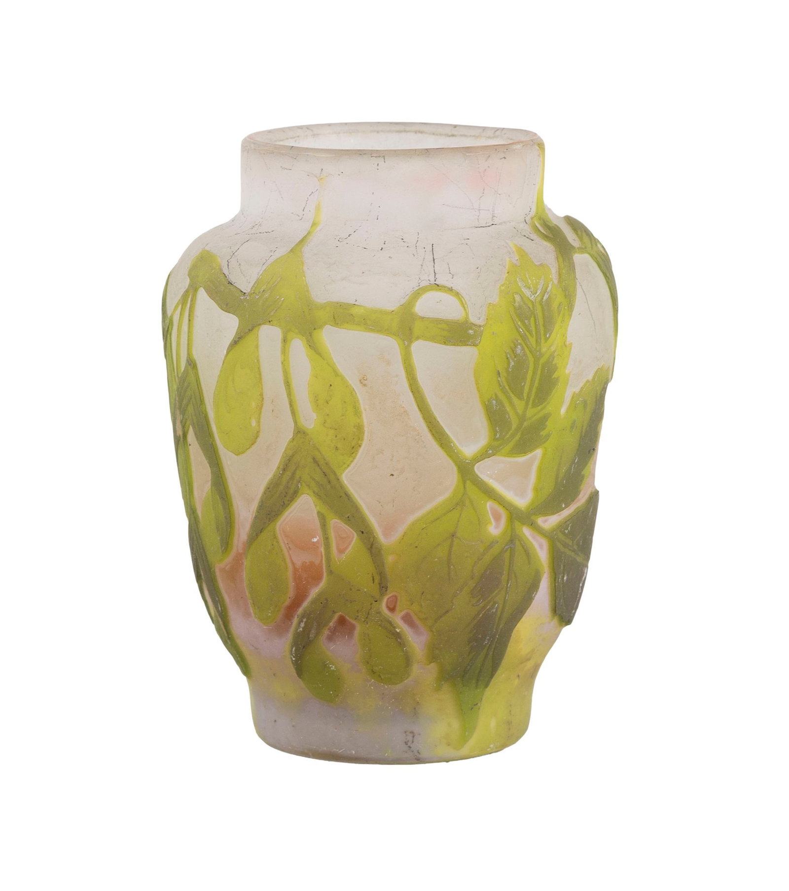 Gallé. Petit vase à col droit en verre multicouche, à décor dégagé : Gallé. Petit vase à col droit en verre multicouche, à décor dégagé à l'acide de samares verts sur fond blanc, signé, h. 7,5 cm Condition éclat au col