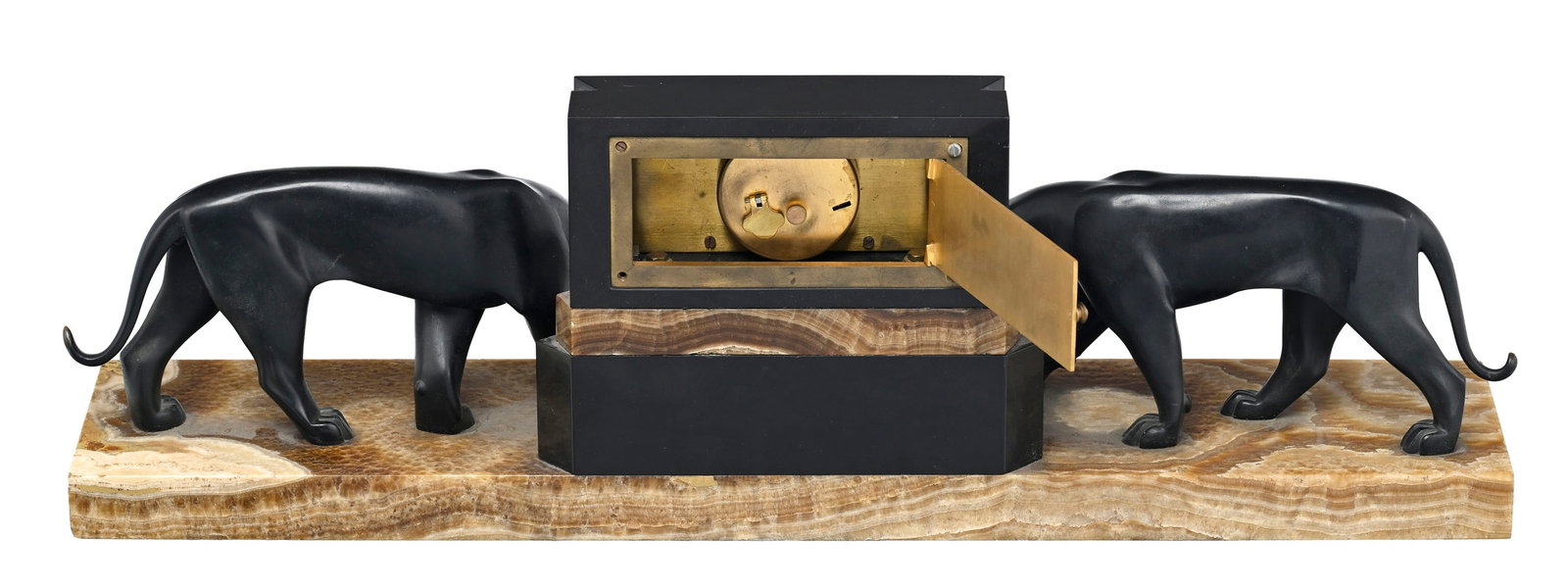 Pendule de cheminée Golay & Fils Stahl Art Deco en bronze et marbre, à figures de panth - 3