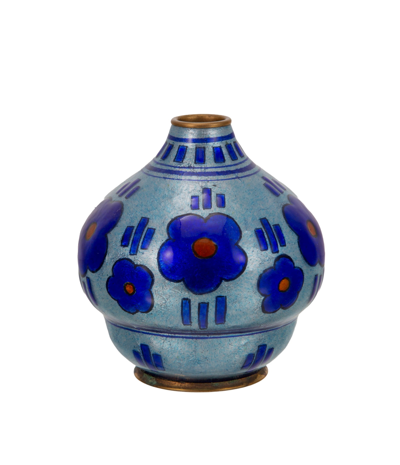 Camille Fauré (1874-1956). Vase à décor d'émaux polychromes signé C Faur: Camille Fauré (1874-1956). Vase à décor d'émaux polychromes signé C Fauré Limoges, à décor de fleurs bleues, h. 9 cm