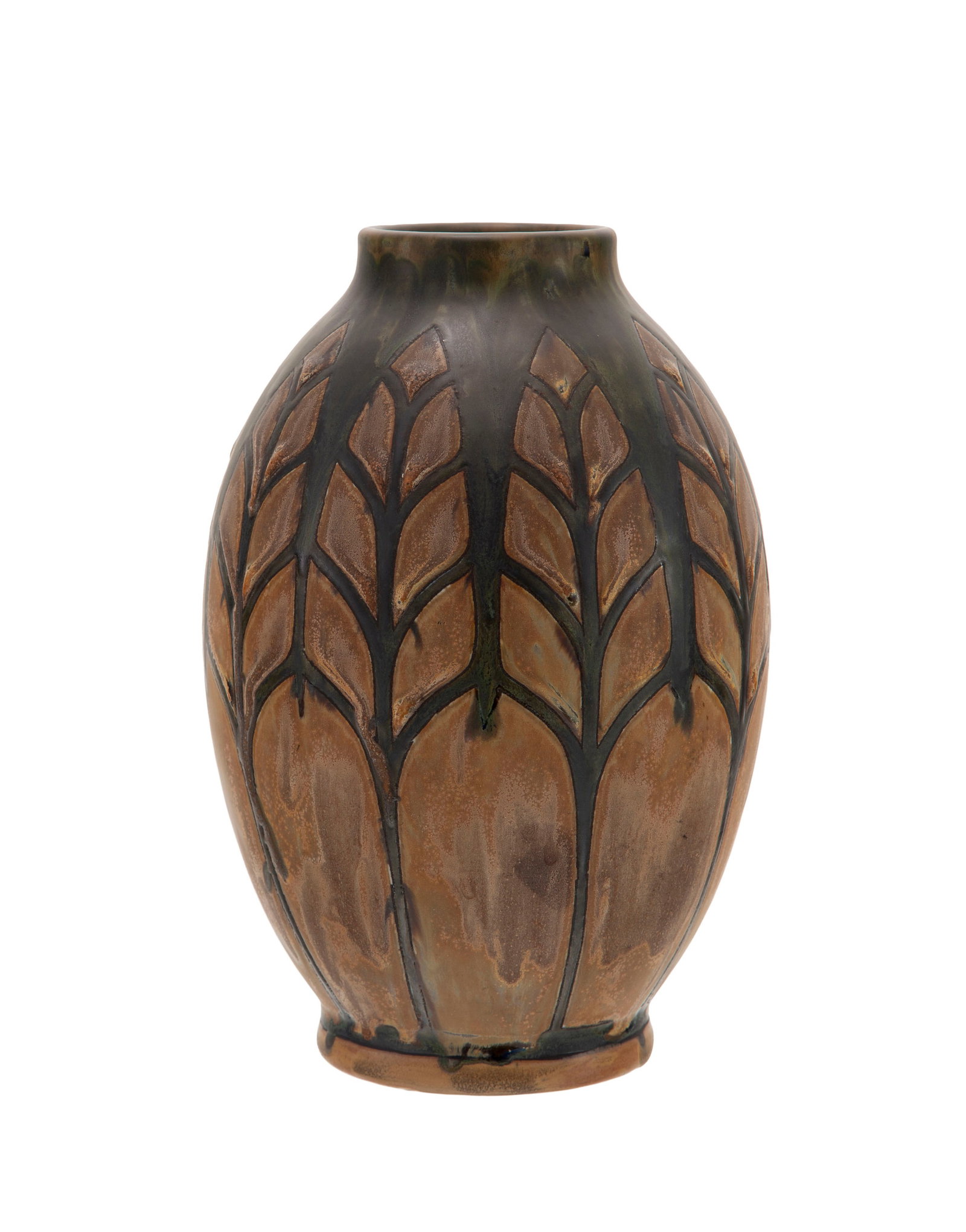 Keramis. Vase à petit col droit en grès émaillé, modèle de Charles Catteau : Keramis. Vase à petit col droit en grès émaillé, modèle de Charles Catteau (1880-1966), Belgique, à décor de feuillage stylisé, cachet noir Boch La Louvièr