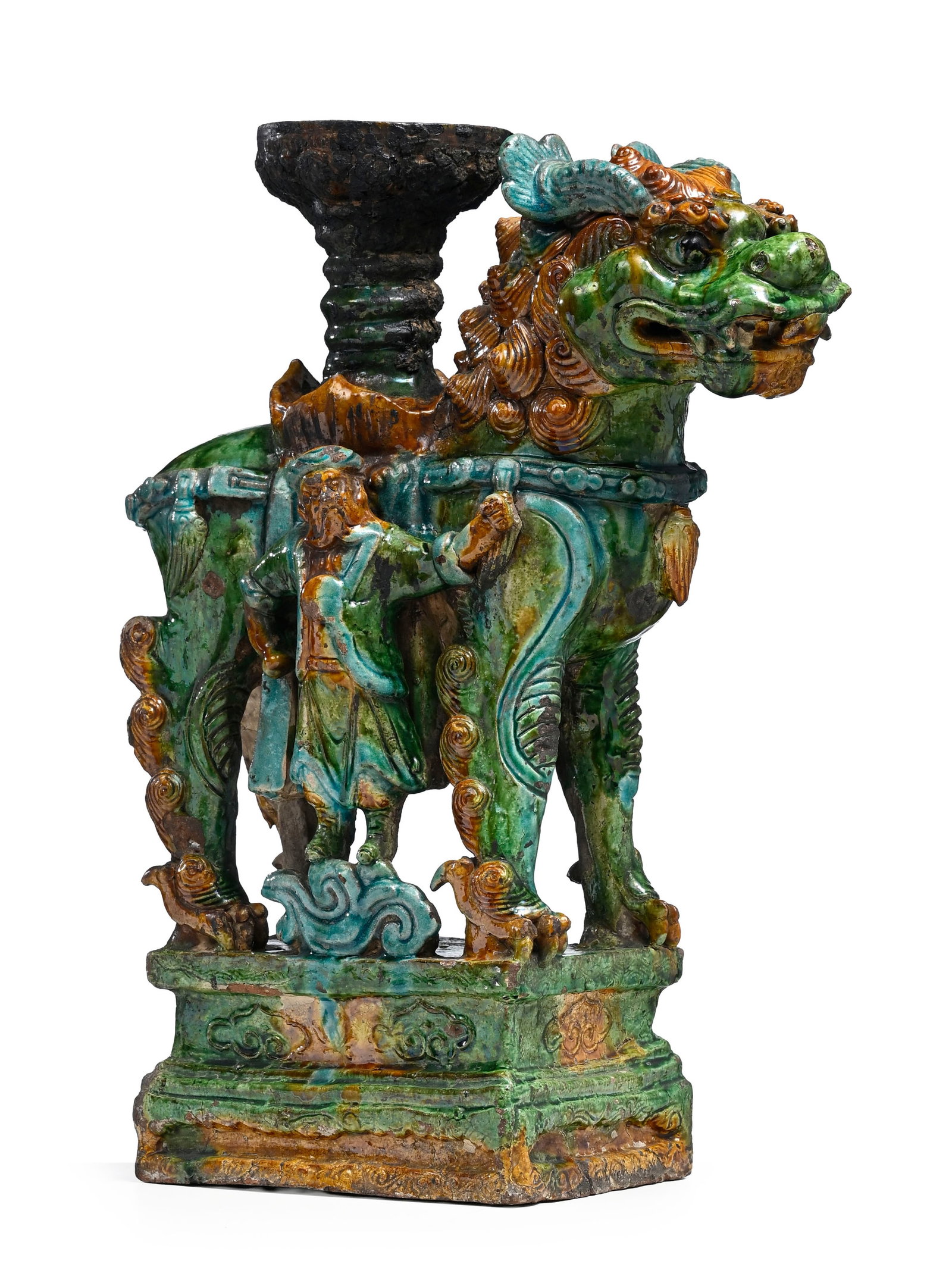 Chandelier en forme de chien de Fô en céramique à glaçure jaune, verte et turquo (1 of 8)