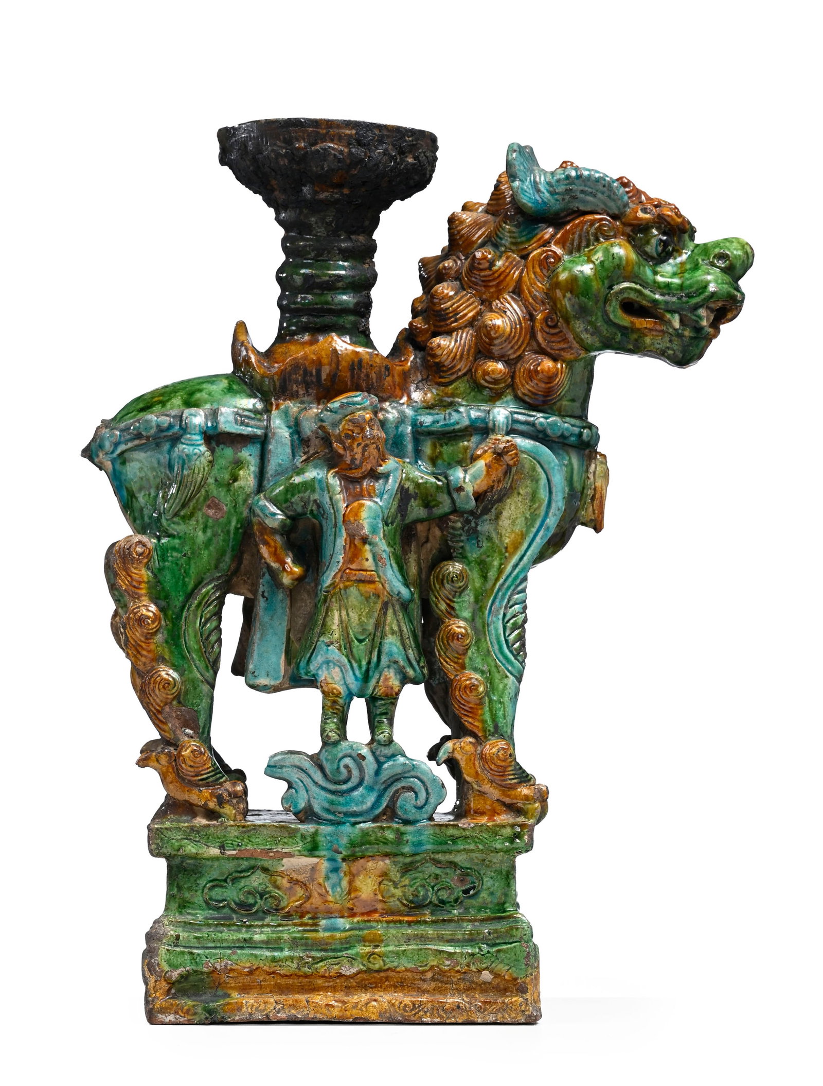 Chandelier en forme de chien de Fô en céramique à glaçure jaune, verte et turquo - 2