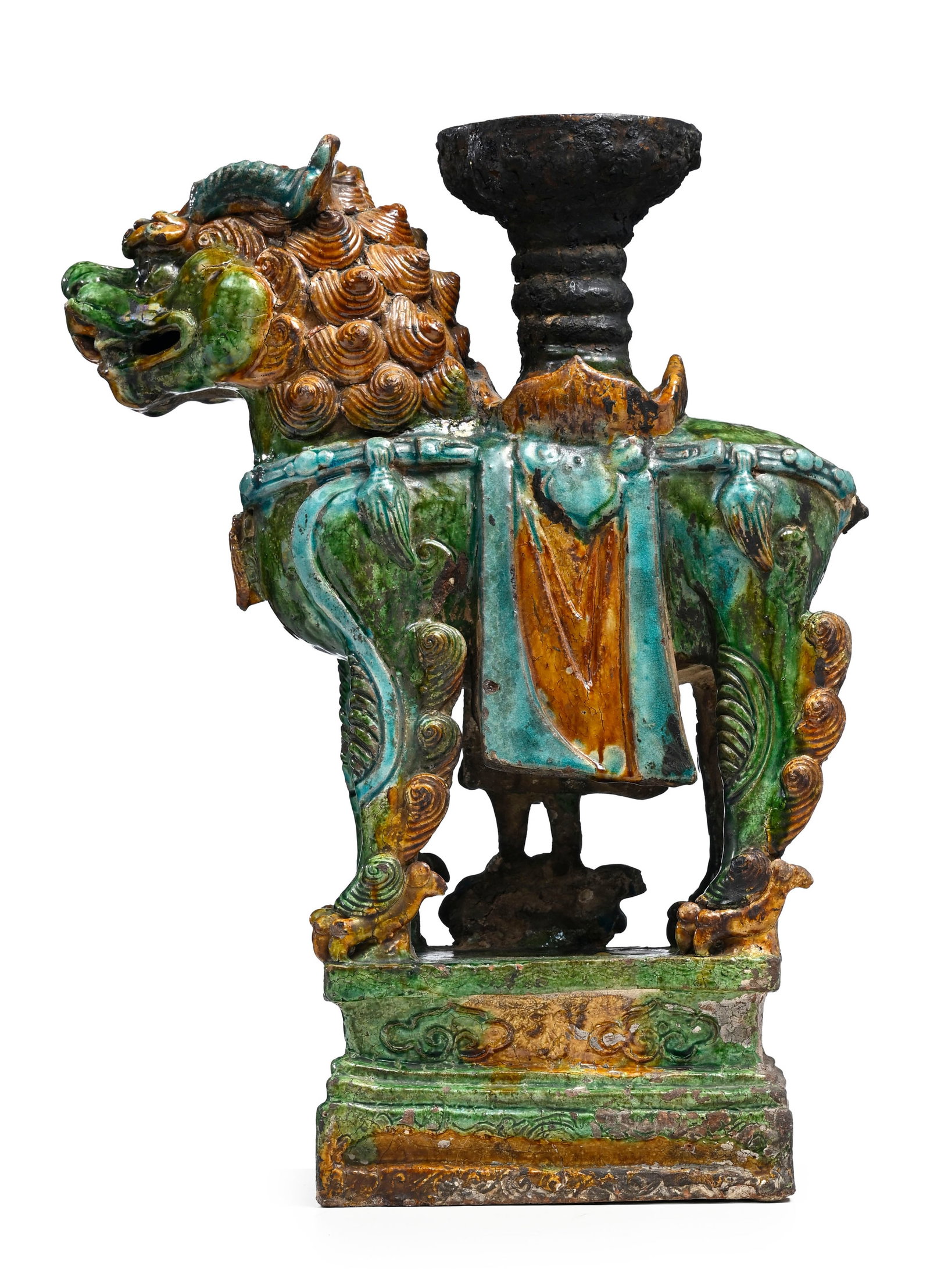 Chandelier en forme de chien de Fô en céramique à glaçure jaune, verte et turquo - 3