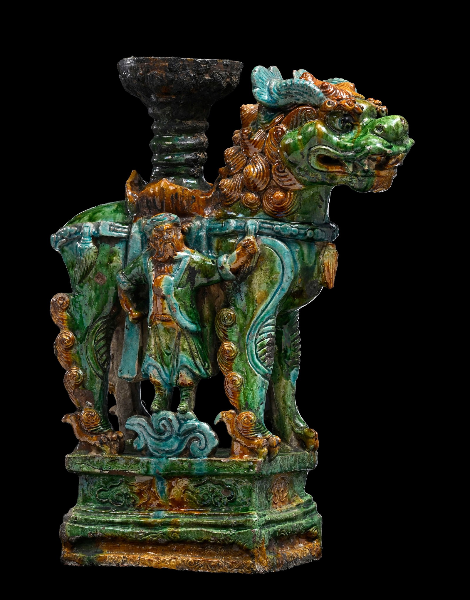Chandelier en forme de chien de Fô en céramique à glaçure jaune, verte et turquo - 5