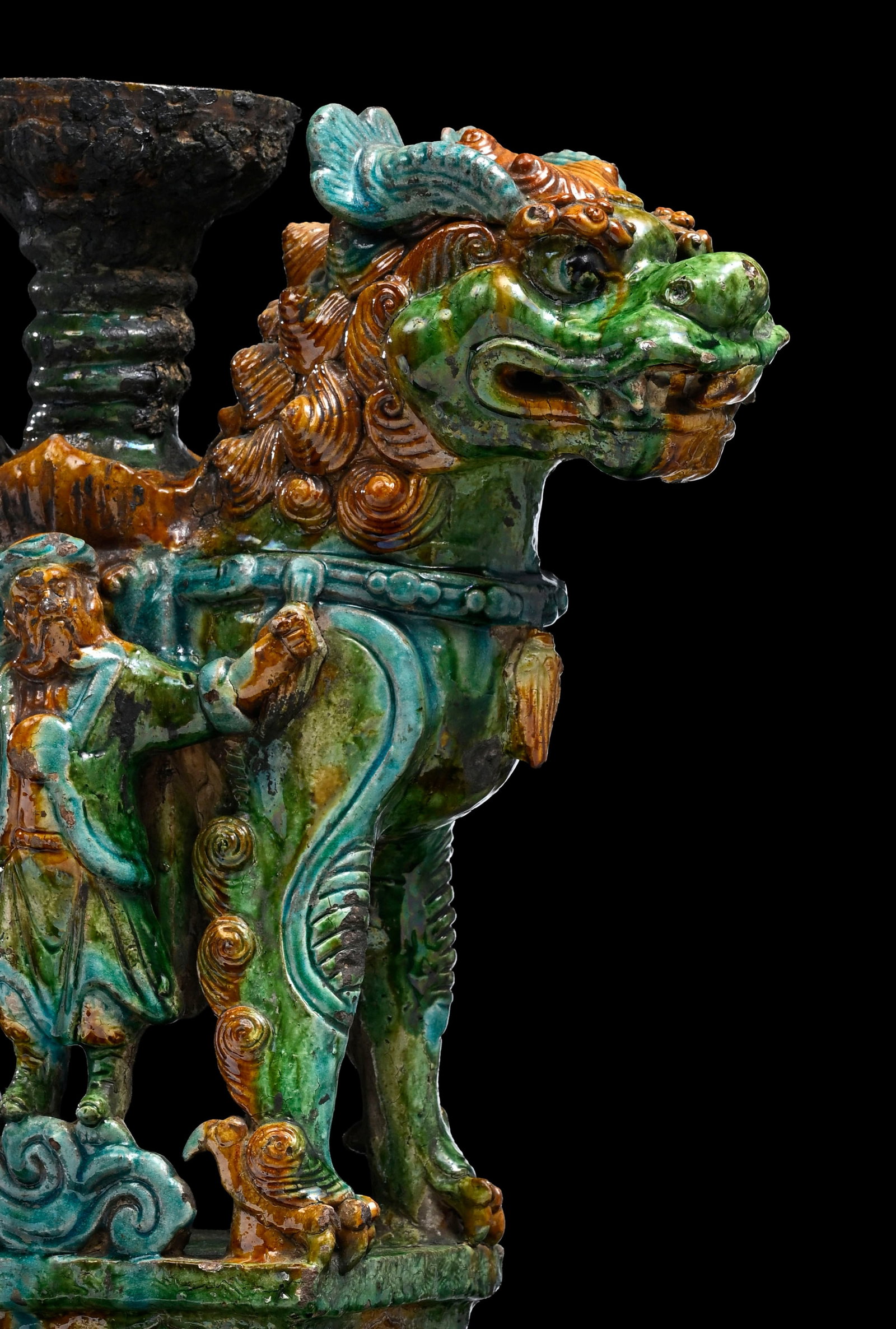 Chandelier en forme de chien de Fô en céramique à glaçure jaune, verte et turquo - 6