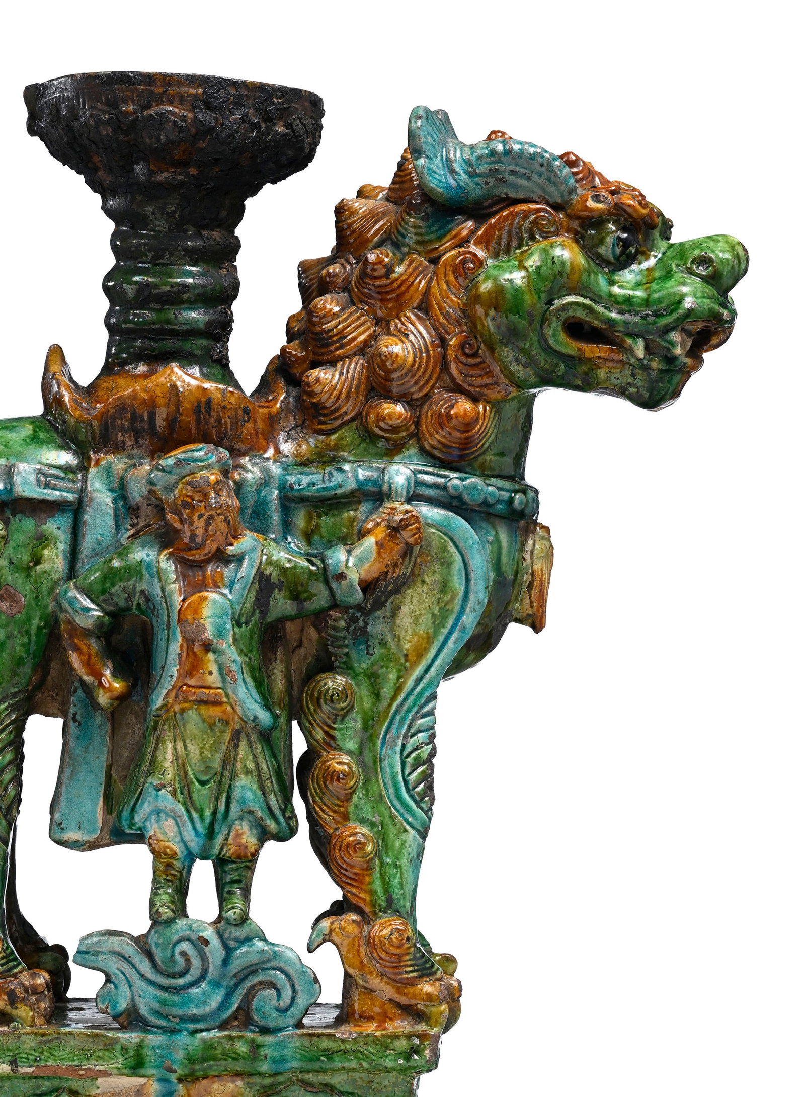 Chandelier en forme de chien de Fô en céramique à glaçure jaune, verte et turquo - 8