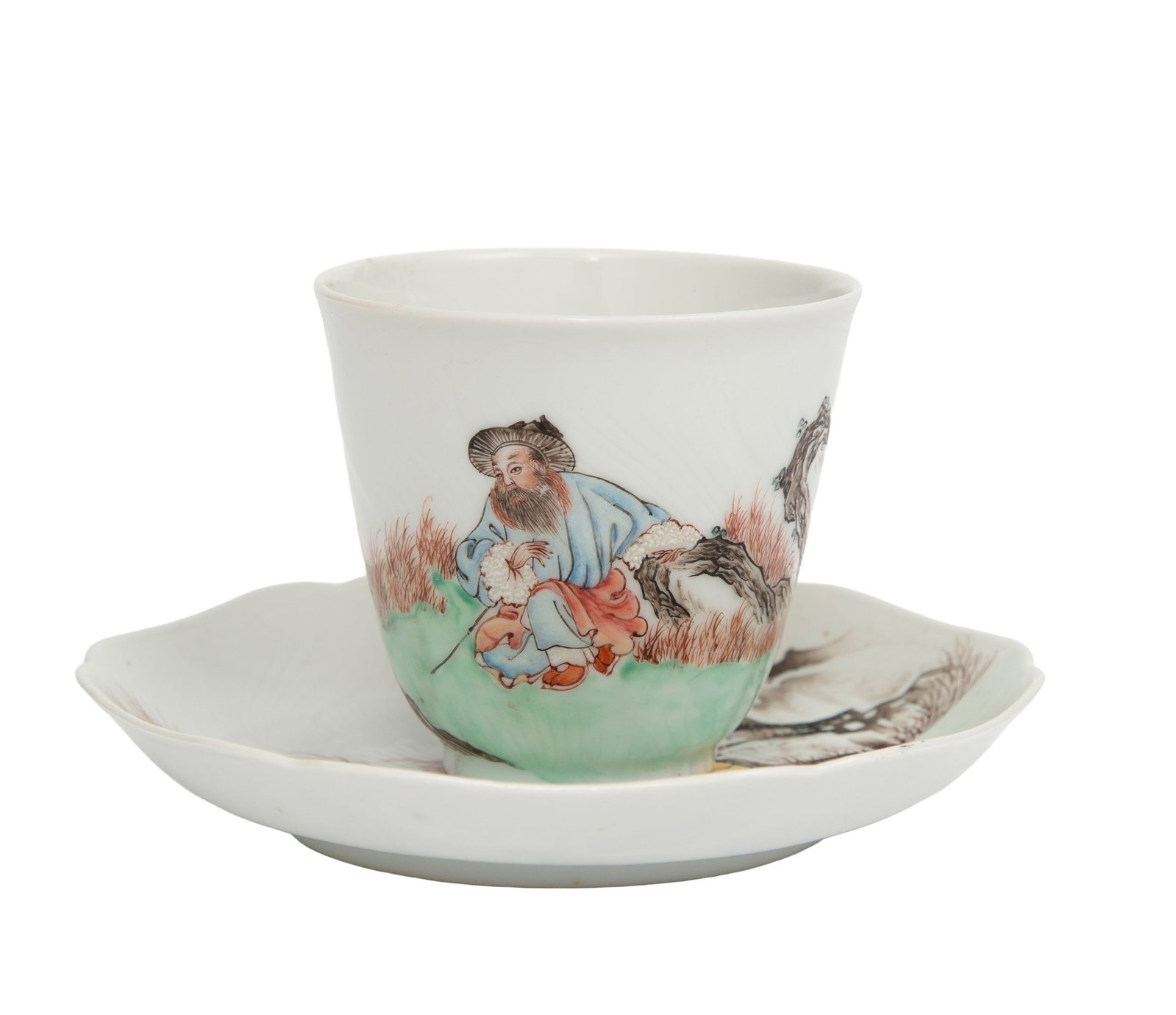 Coupe et sa soucoupe en porcelaine, Chine, XVIIIe s., chacune au décor d'un berger et ses mouto - 2