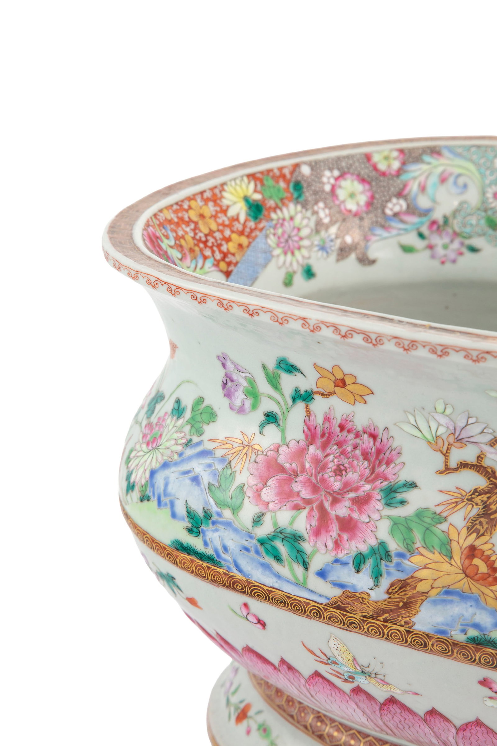 Jardinière ou vasque en porcelaine famille rose, Chine, dynastie Qing, décor de fleurs, ro - 4