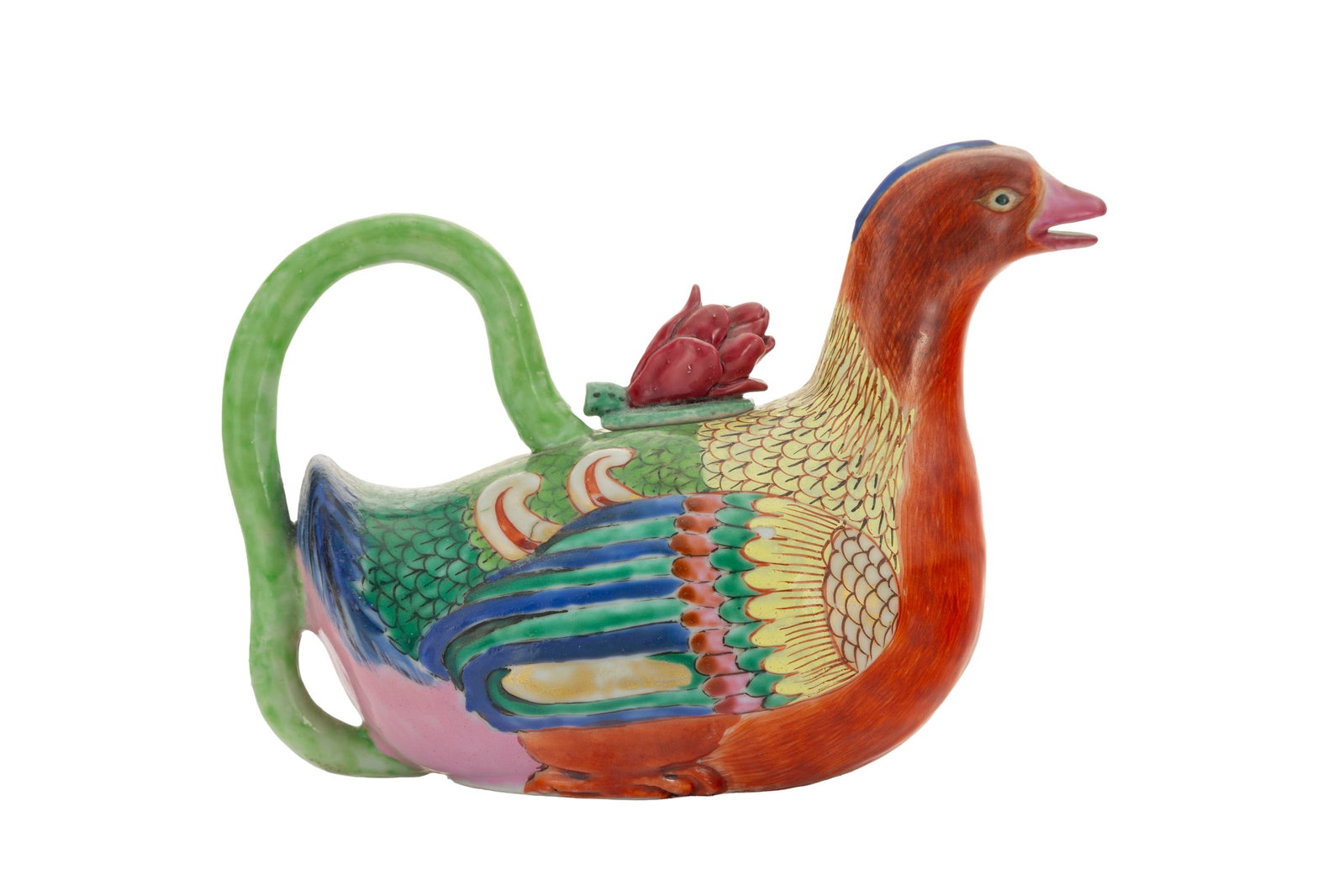 2 verseuses en porcelaine en forme de canard, Chine, dynastie Qing, prise en forme de lotus, l. 19,5 - 4