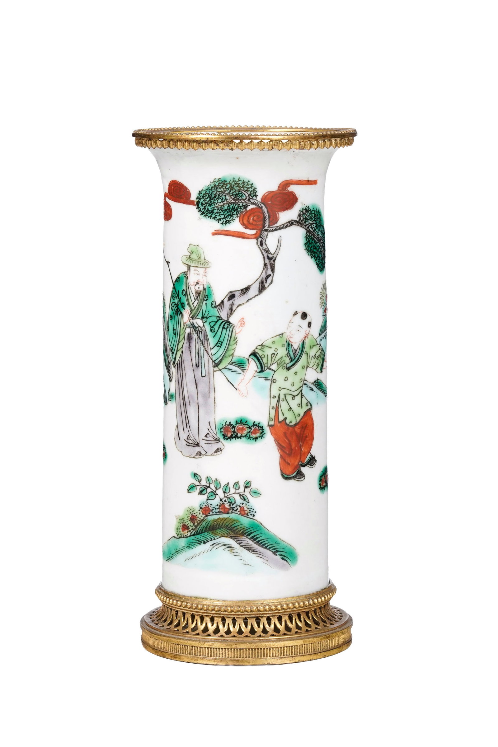 Petit vase cornet en porcelaine famille verte, Chine, dynastie Qing, avec monture européenne en (1 of 2)