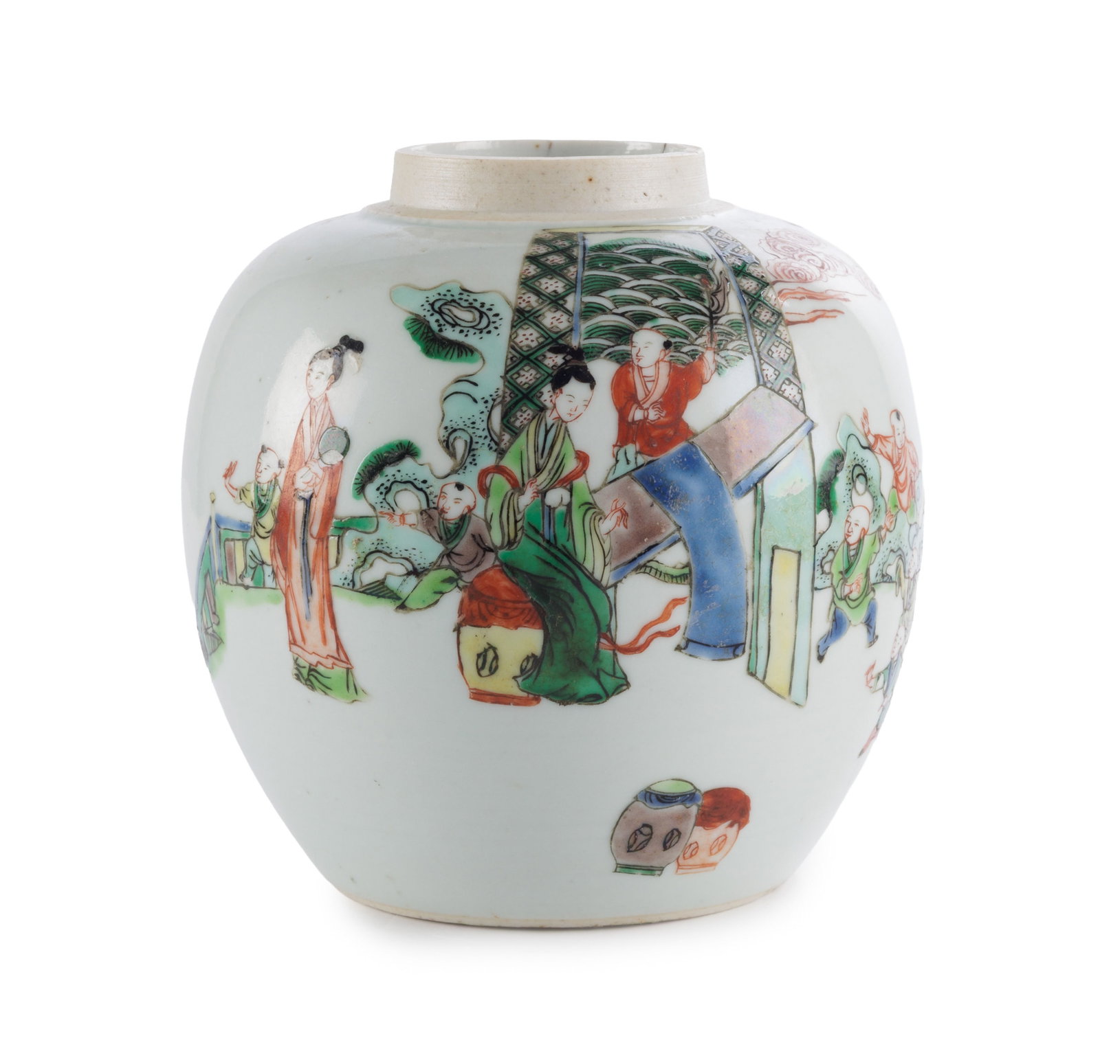 Petit pot à gingembre en porcelaine famille verte, Chine, XIX-XXe s., décor de femmes et e: Petit pot à gingembre en porcelaine famille verte, Chine, XIX-XXe s., décor de femmes et enfants dans un jardin, marque au double cercle sous la base, h. 13 cm (couvercle manquant) A small
