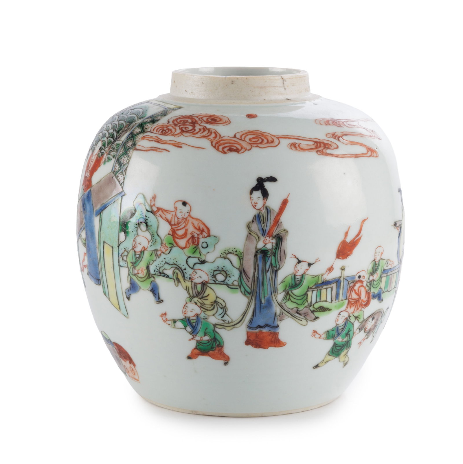 Petit pot à gingembre en porcelaine famille verte, Chine, XIX-XXe s., décor de femmes et e - 2