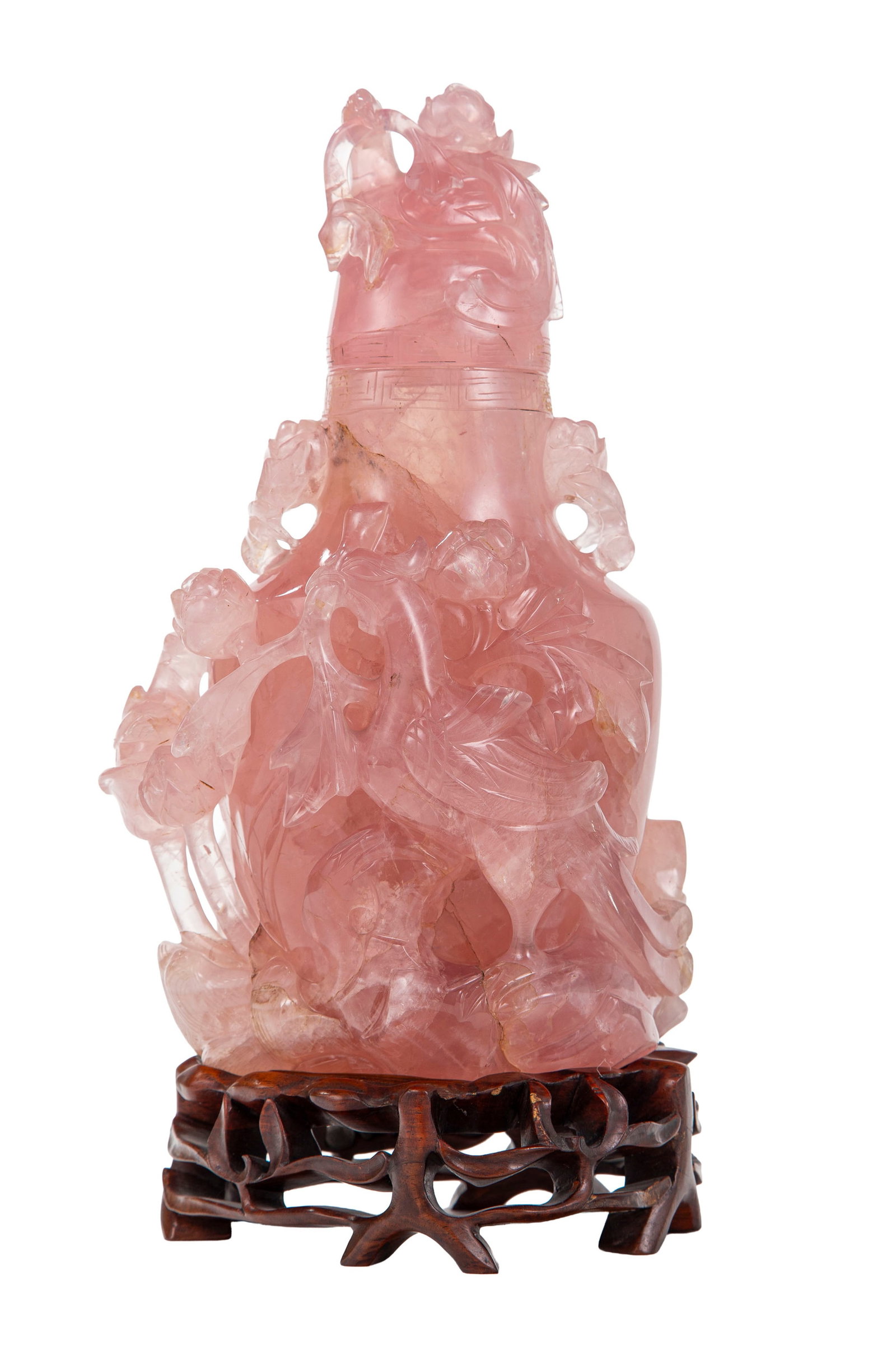 Vase couvert en quartz rose, Chine, à décor en relief dit "cailles et millet", avec socle  (1 of 10)