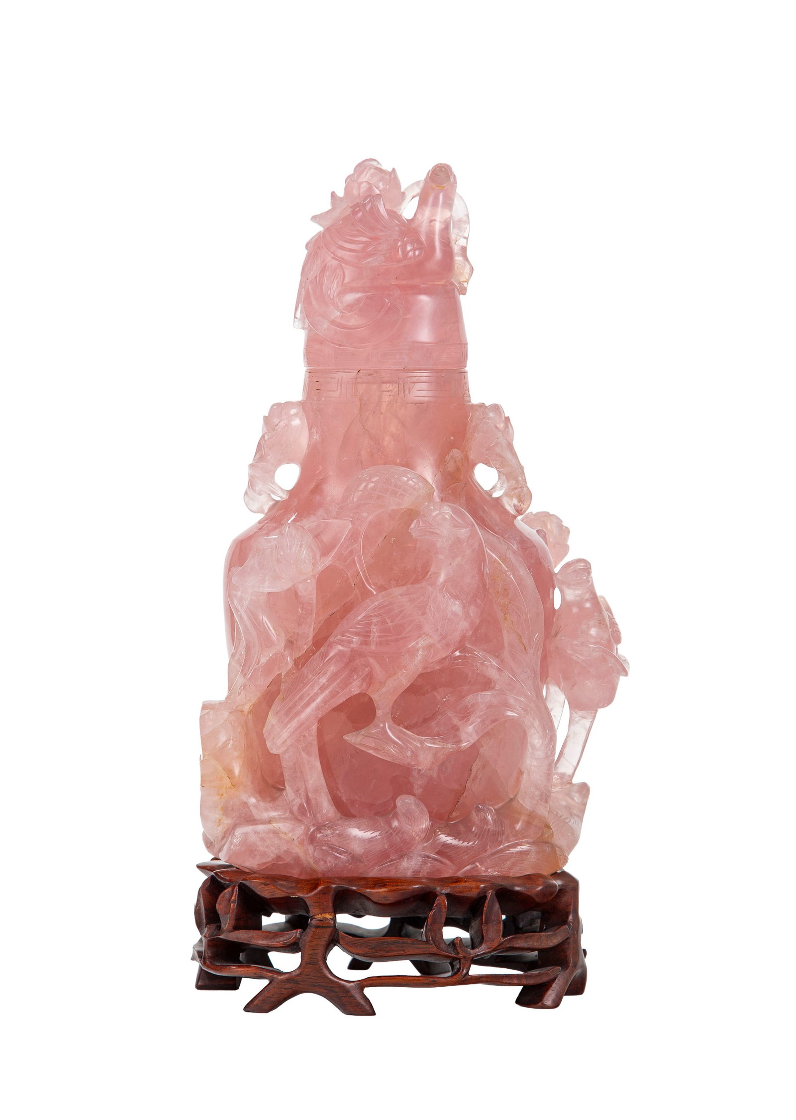 Vase couvert en quartz rose, Chine, à décor en relief dit "cailles et millet", avec socle  - 2