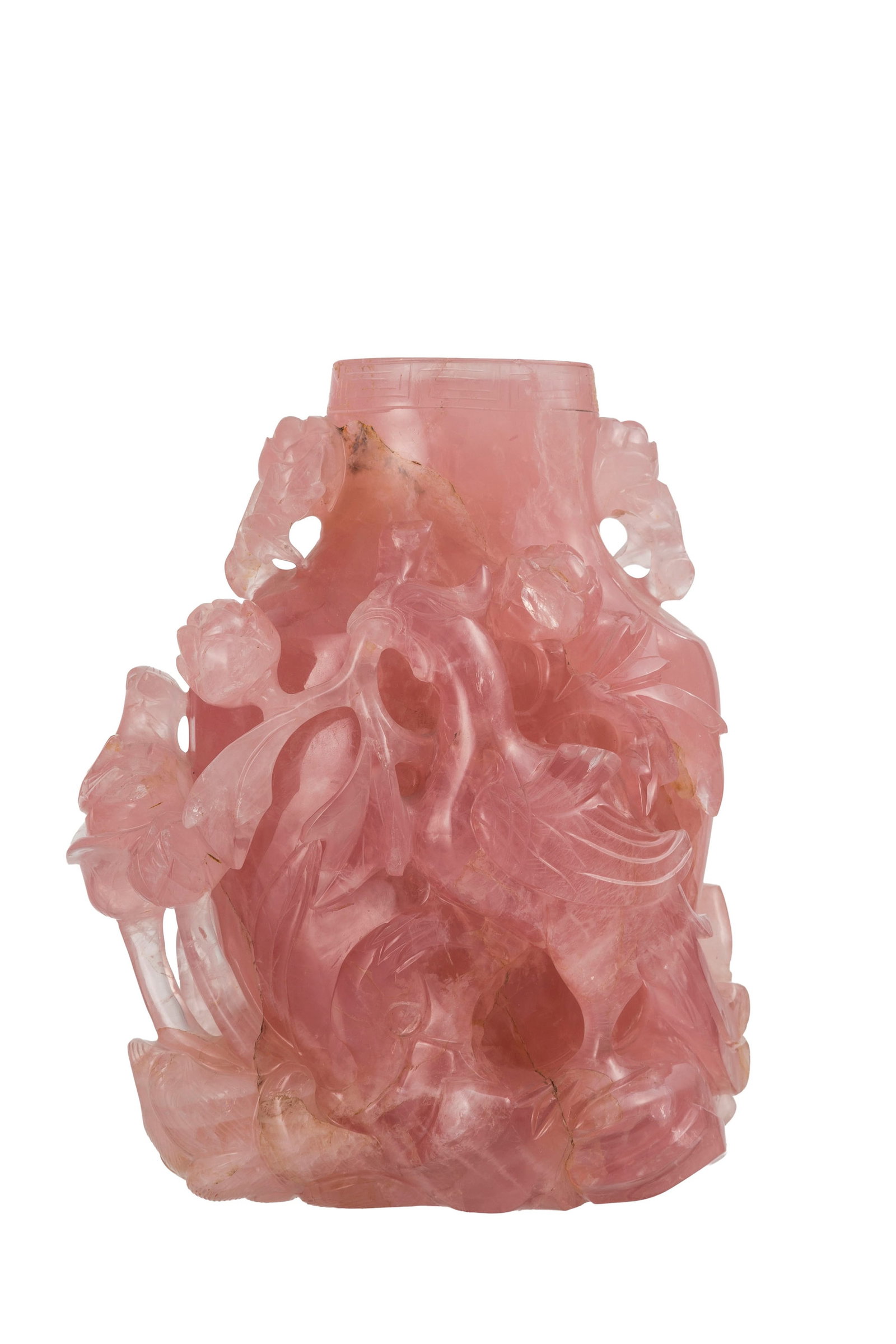 Vase couvert en quartz rose, Chine, à décor en relief dit "cailles et millet", avec socle  - 3