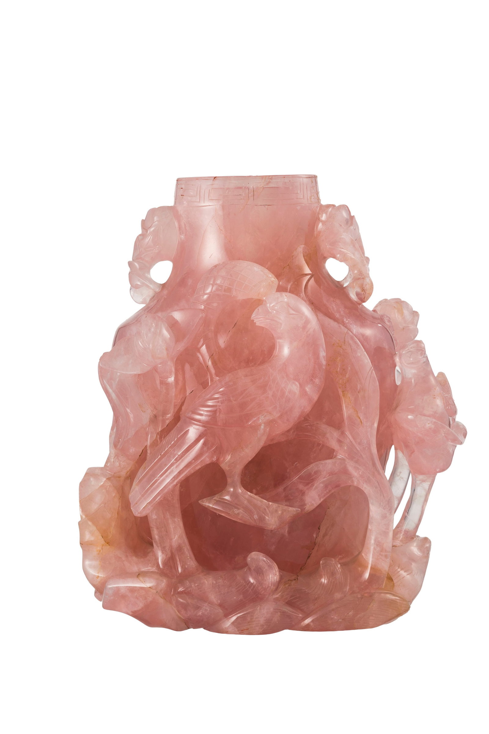Vase couvert en quartz rose, Chine, à décor en relief dit "cailles et millet", avec socle  - 4