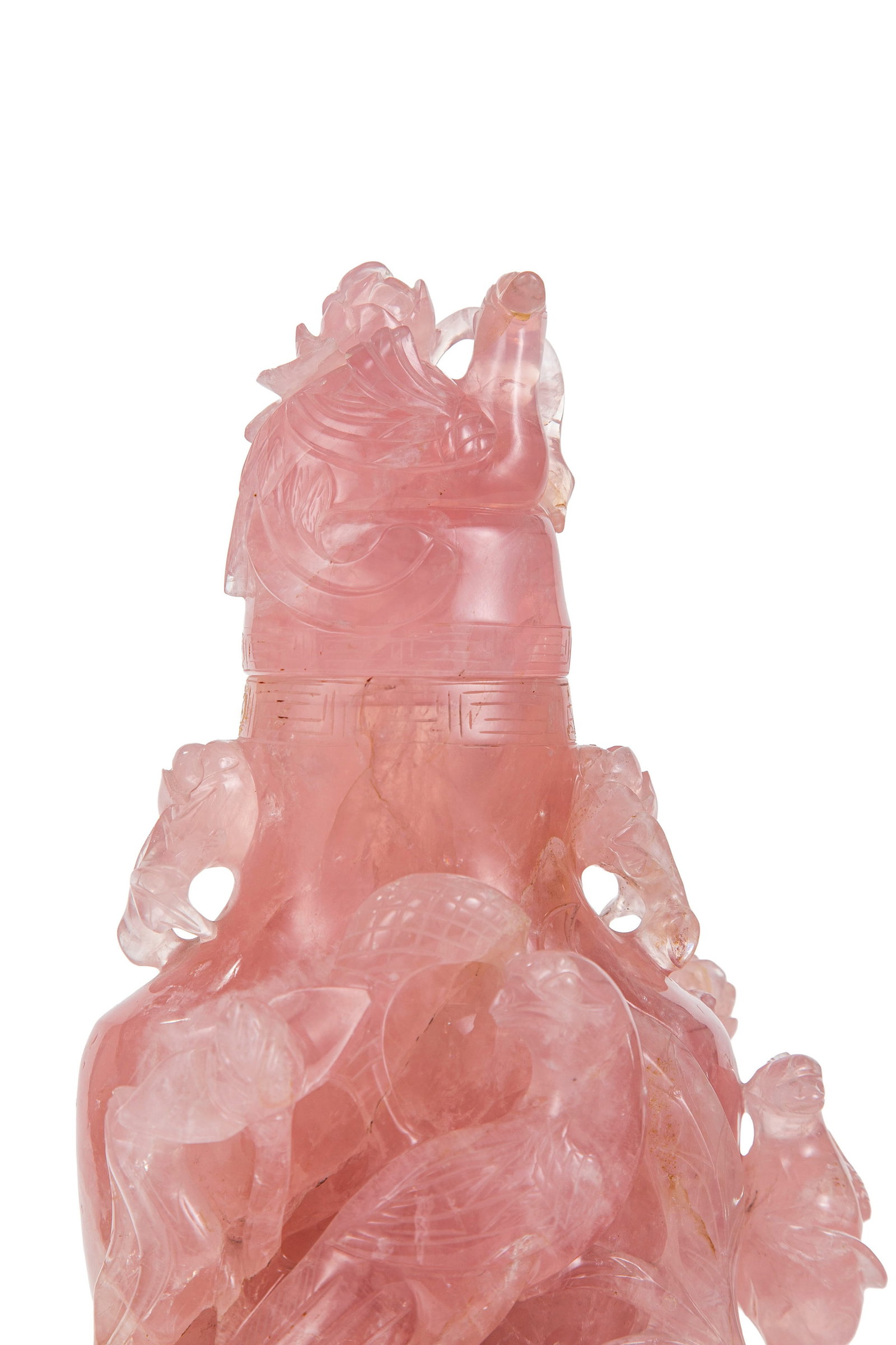 Vase couvert en quartz rose, Chine, à décor en relief dit "cailles et millet", avec socle  - 5