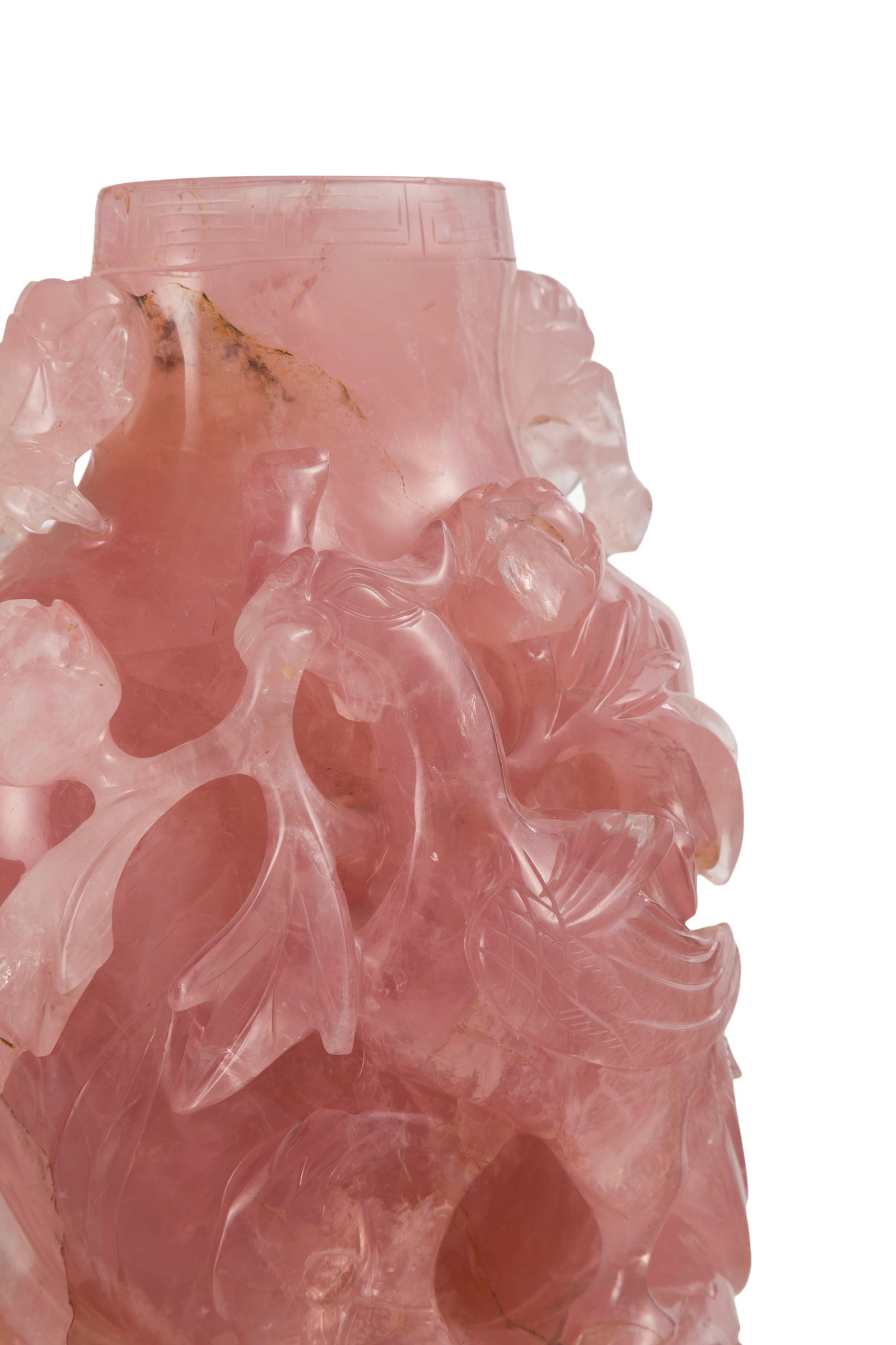 Vase couvert en quartz rose, Chine, à décor en relief dit "cailles et millet", avec socle  - 6