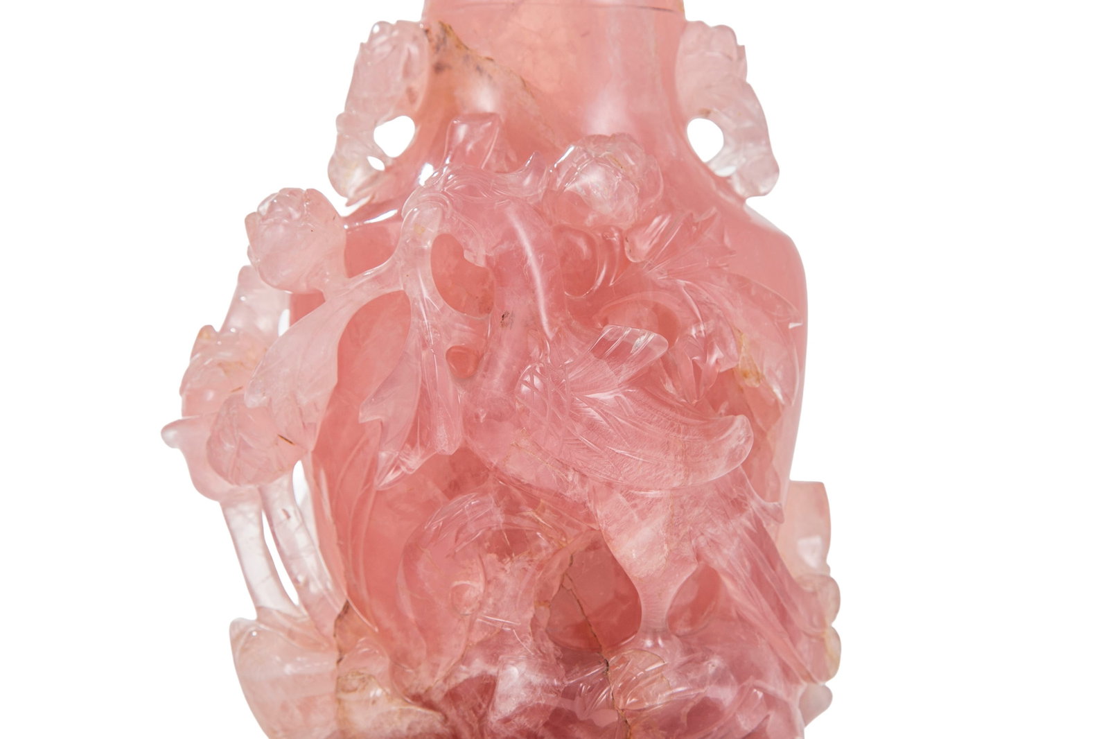 Vase couvert en quartz rose, Chine, à décor en relief dit "cailles et millet", avec socle  - 7