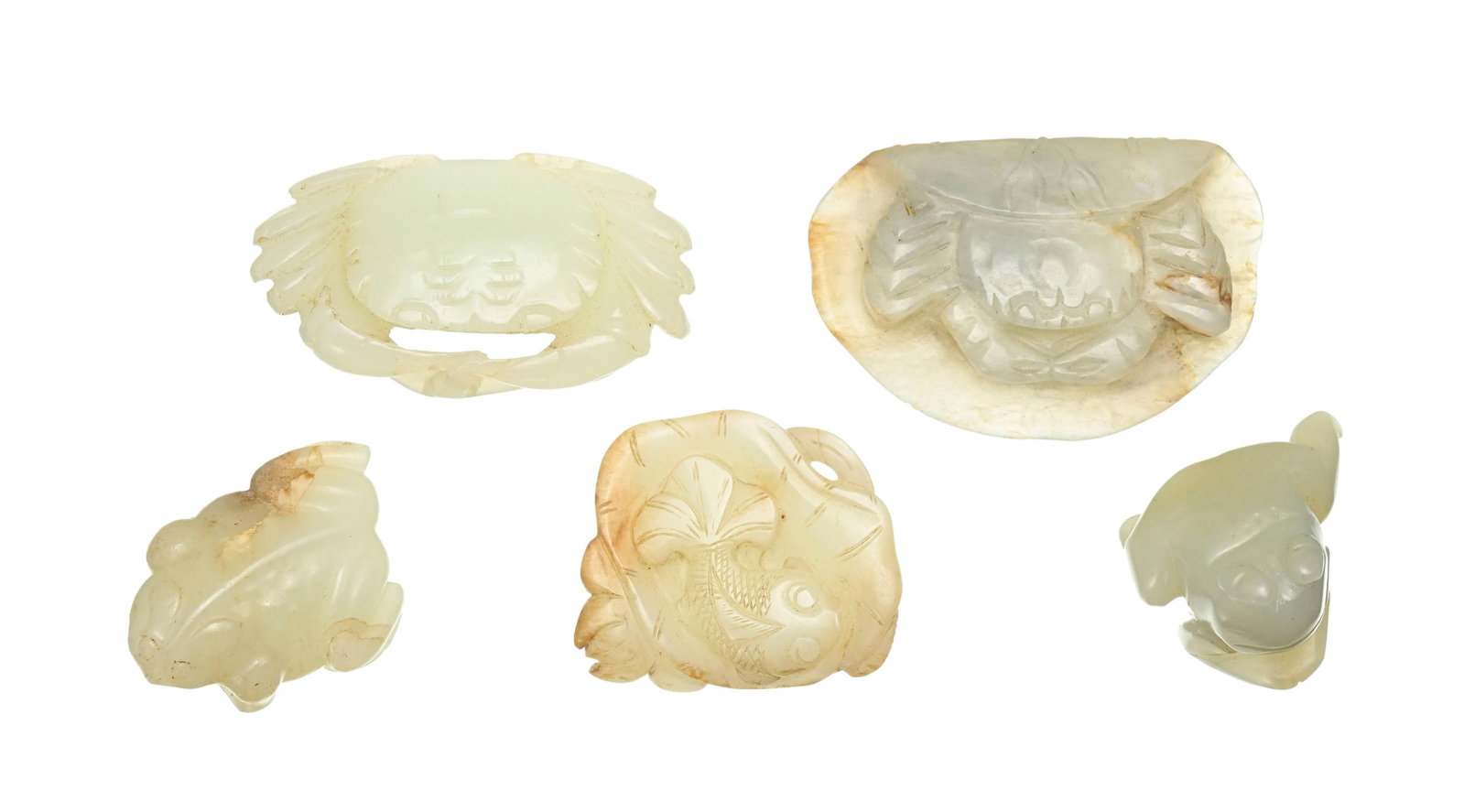 Amphibiens et crustacés, ensemble de 5 sculptures en jade, Chine, comprenant: 2 crabes dont un  - 2