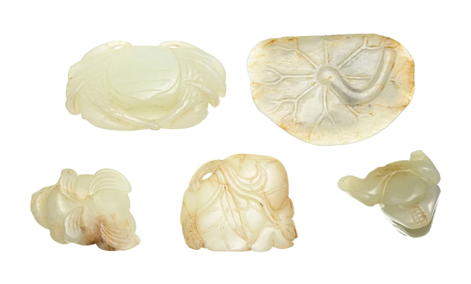 Amphibiens et crustacés, ensemble de 5 sculptures en jade, Chine, comprenant: 2 crabes dont un  - 6