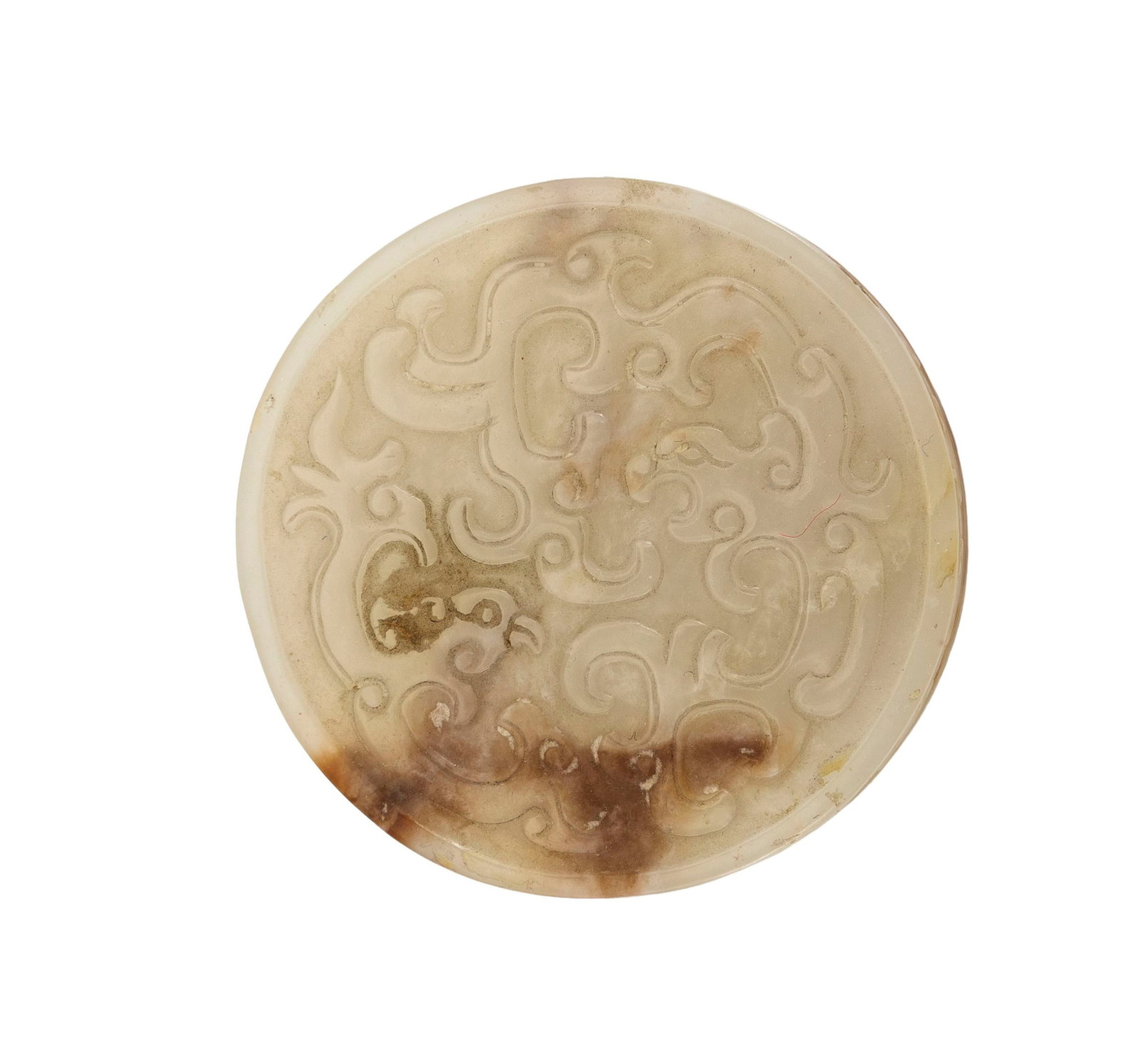 Petite boîte circulaire en jade, Chine, décor en relief archaïsant de phœnix et  - 2