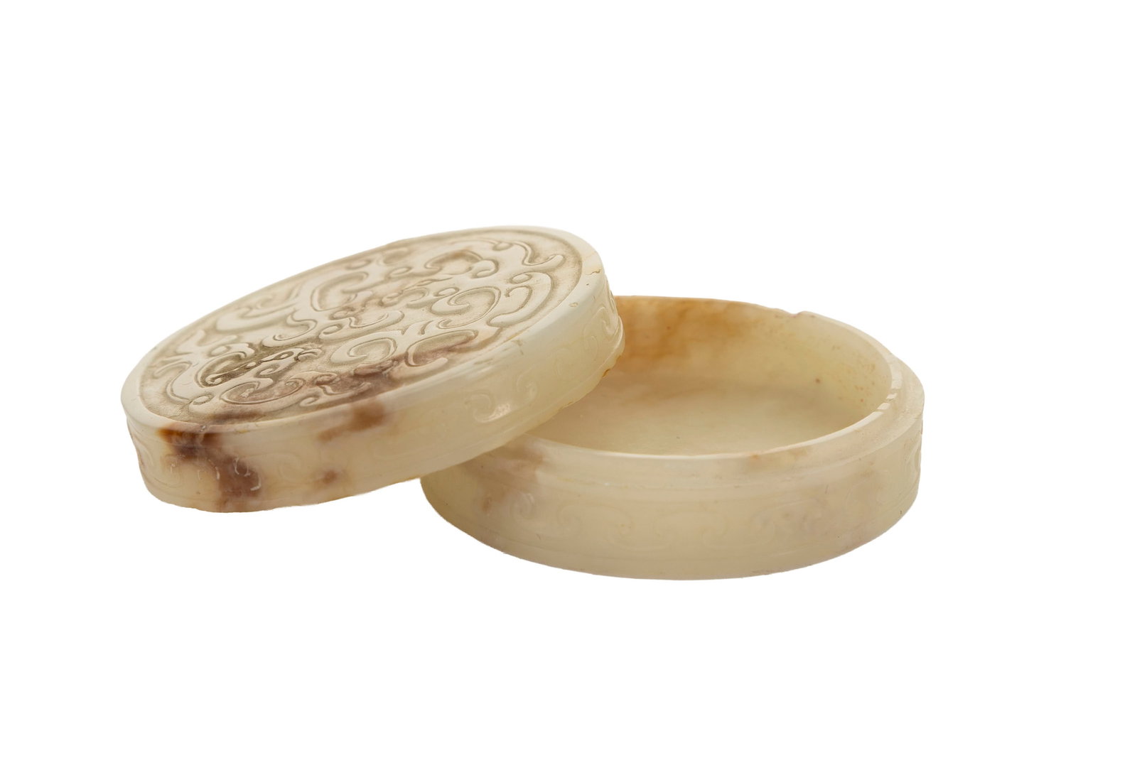Petite boîte circulaire en jade, Chine, décor en relief archaïsant de phœnix et  - 3