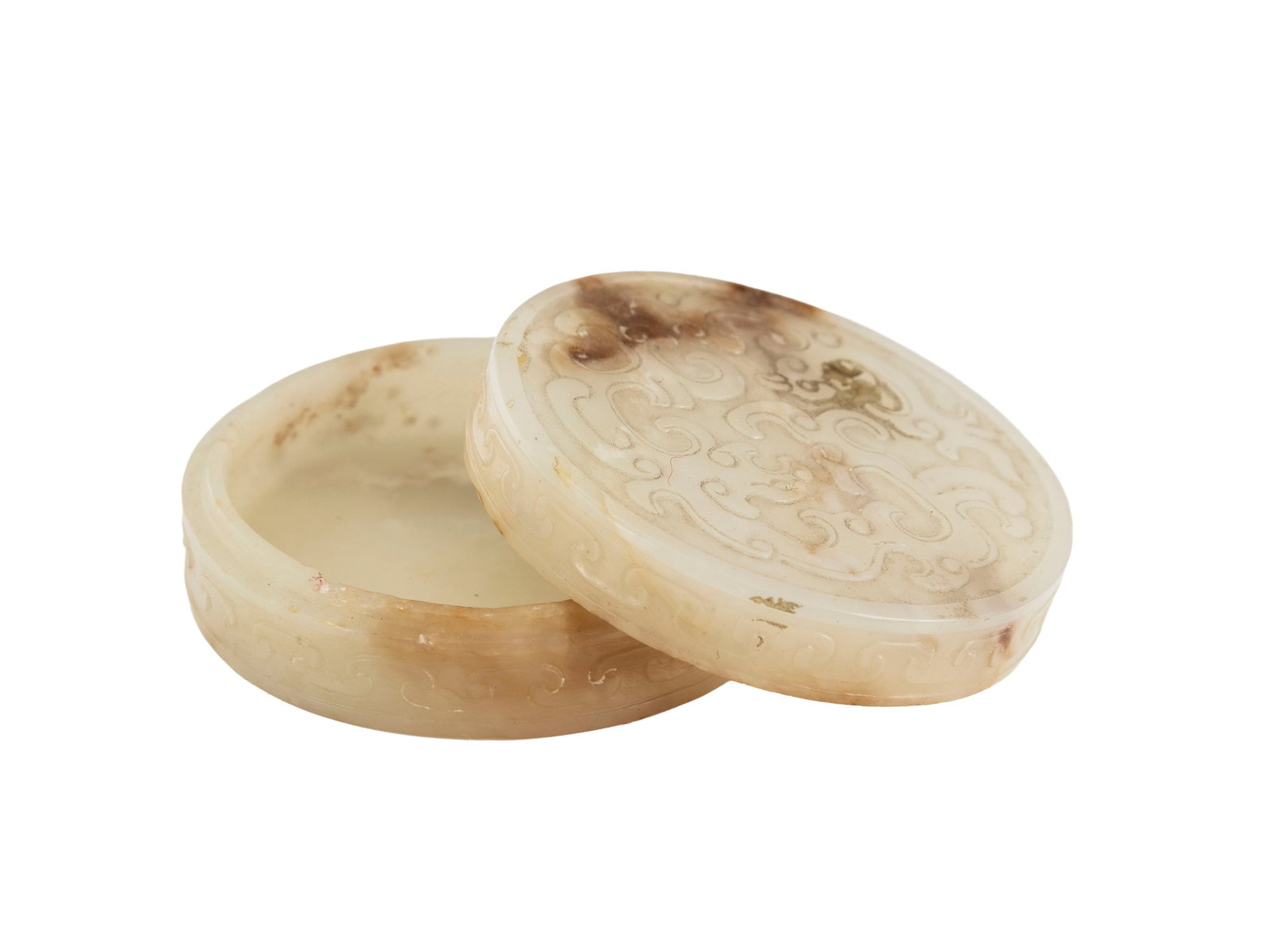 Petite boîte circulaire en jade, Chine, décor en relief archaïsant de phœnix et  - 4