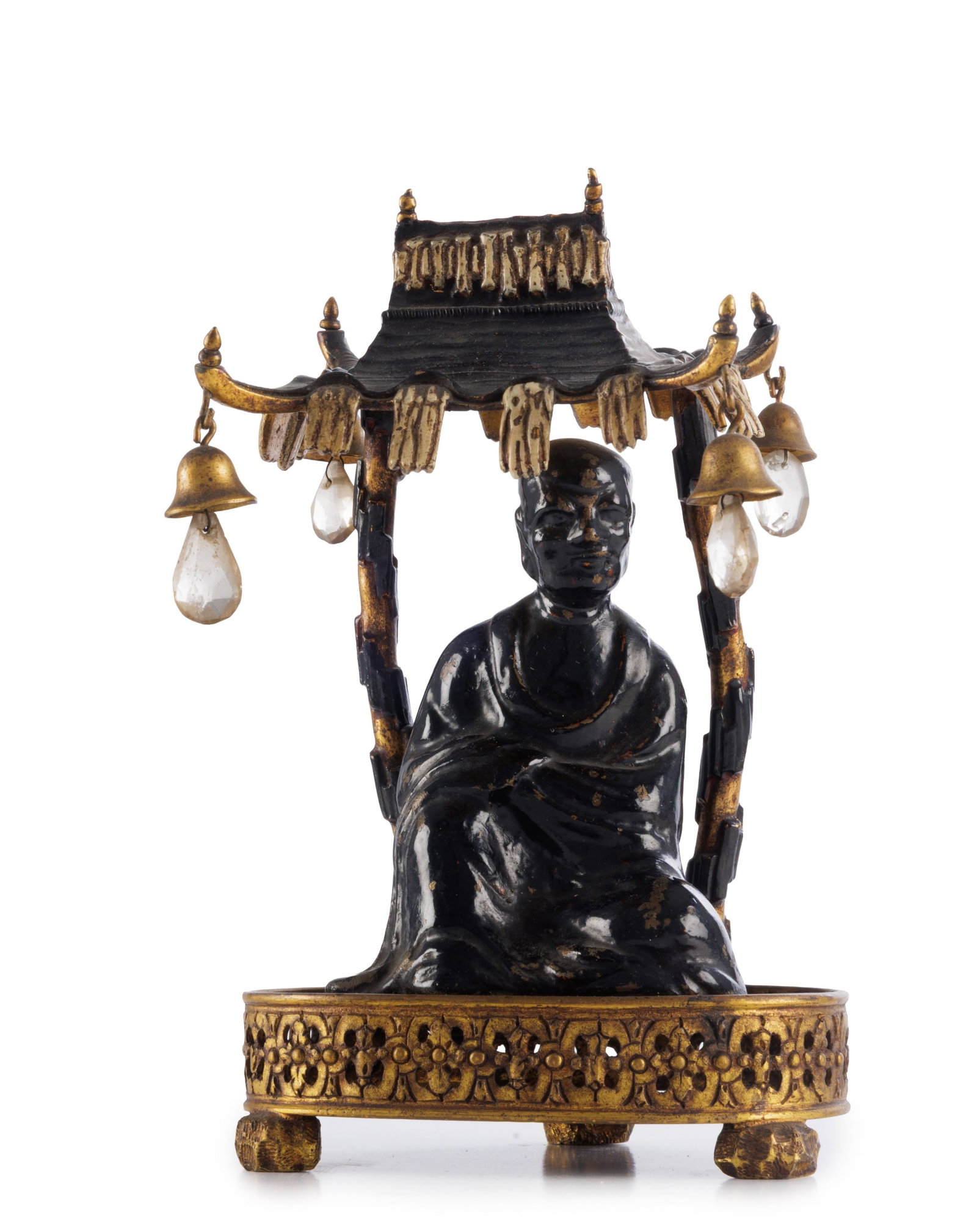 Luohan assis sous un dais, 2 sculptures en bronze partiellement doré et laqué, probablemen - 2