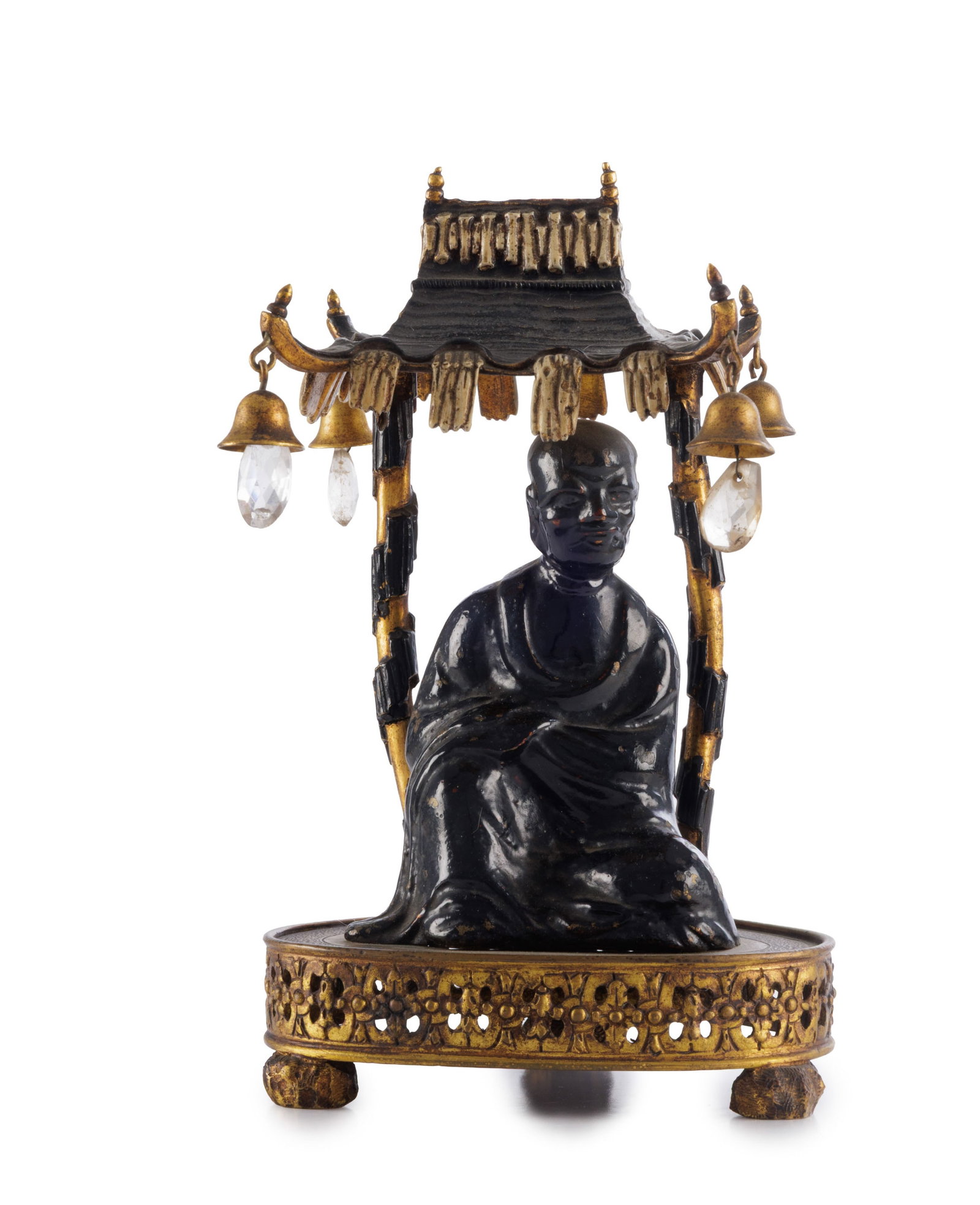 Luohan assis sous un dais, 2 sculptures en bronze partiellement doré et laqué, probablemen - 3