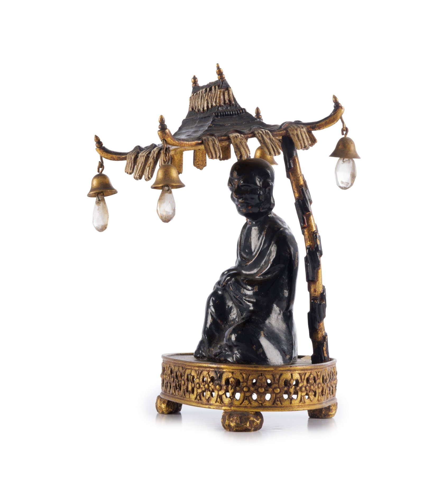 Luohan assis sous un dais, 2 sculptures en bronze partiellement doré et laqué, probablemen - 4