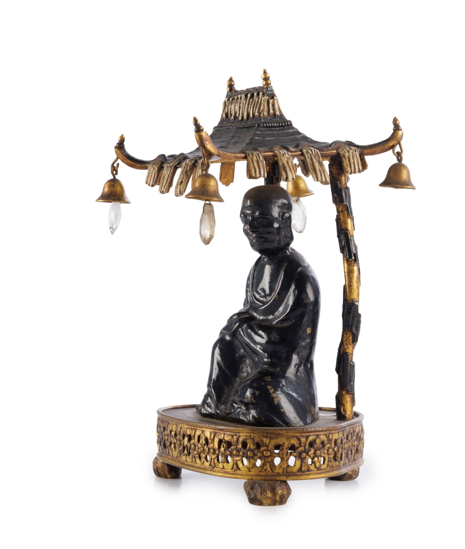 Luohan assis sous un dais, 2 sculptures en bronze partiellement doré et laqué, probablemen - 5