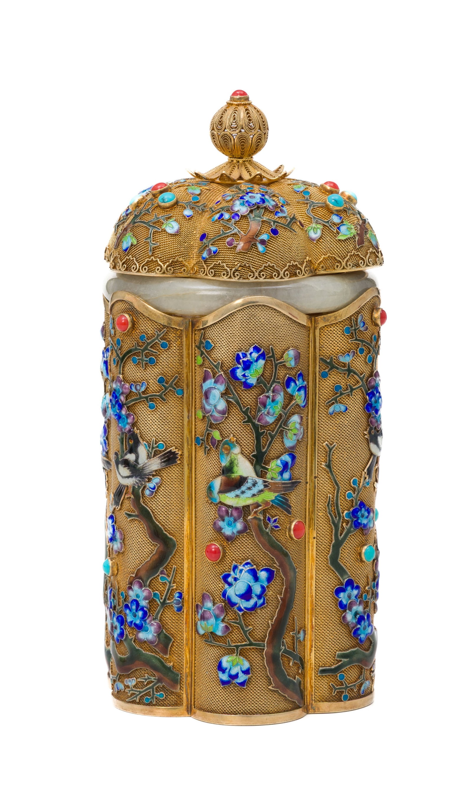 Boîte floriforme en argent doré, filigrane, cerclage en jade et incrustations de corail et (1 of 4)