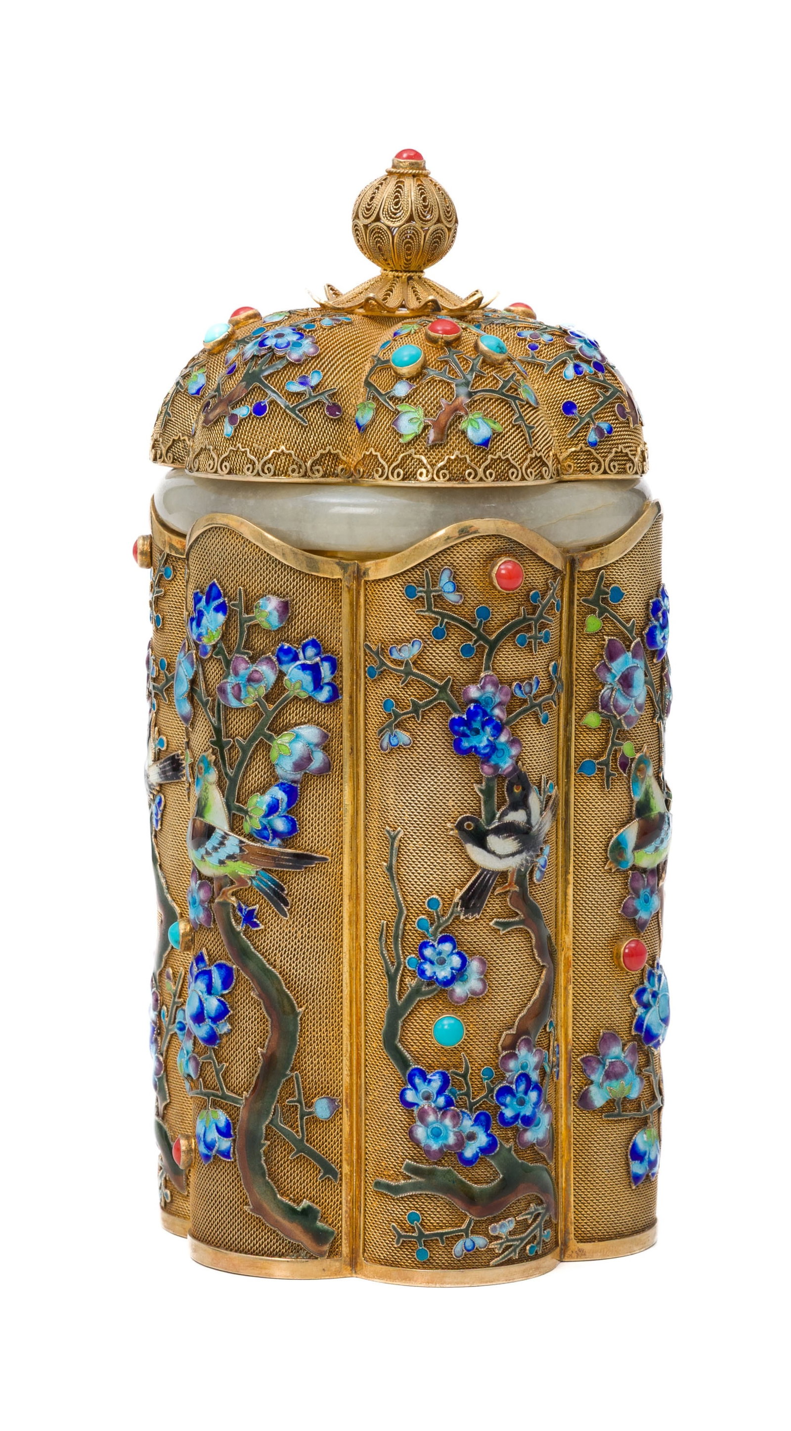 Boîte floriforme en argent doré, filigrane, cerclage en jade et incrustations de corail et - 2