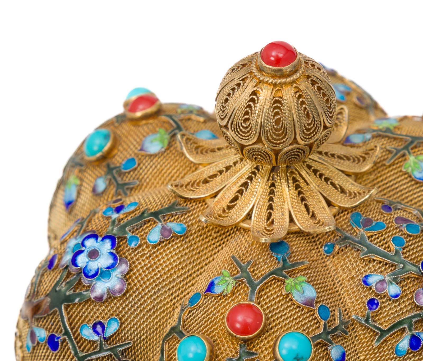 Boîte floriforme en argent doré, filigrane, cerclage en jade et incrustations de corail et - 4